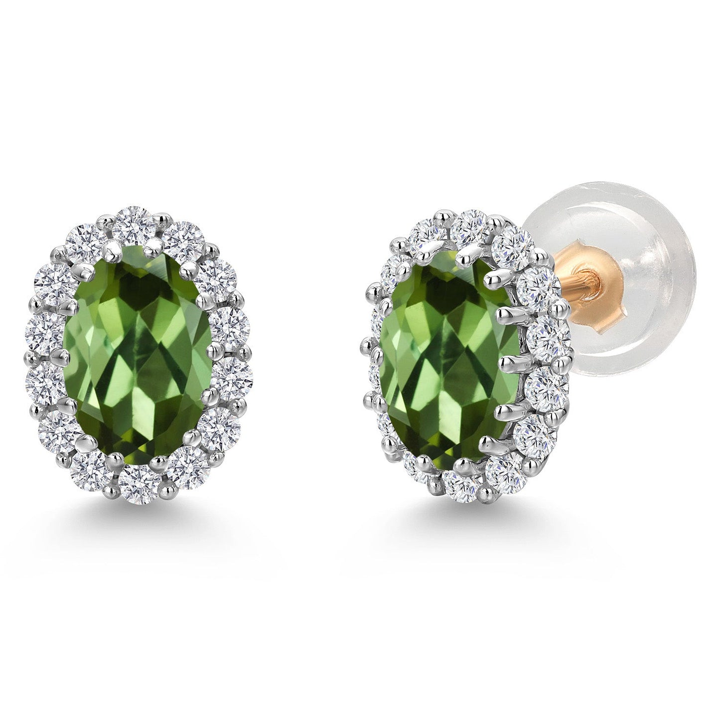 10K Solid Gold Post and Sterling Silver 6X4MM Oval Gemstone Birthstone and White Lab Grown Diamond Halo Earrings For Women