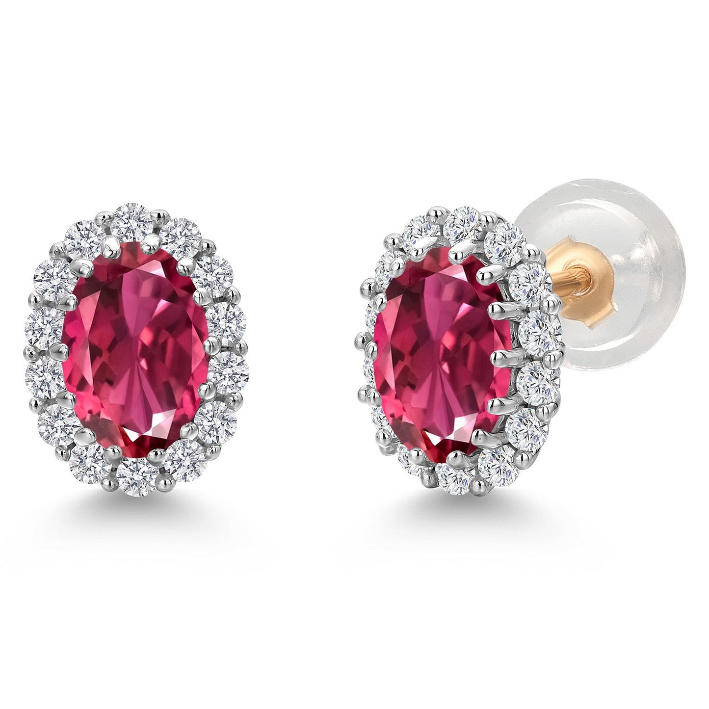 10K Solid Gold Post and Sterling Silver 6X4MM Oval Gemstone Birthstone and White Lab Grown Diamond Halo Earrings For Women