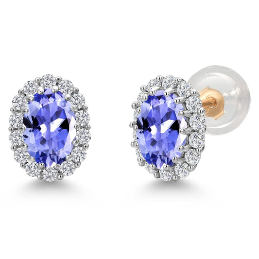 10K Solid Gold Post and Sterling Silver 6X4MM Oval Gemstone Birthstone and White Lab Grown Diamond Halo Earrings For Women