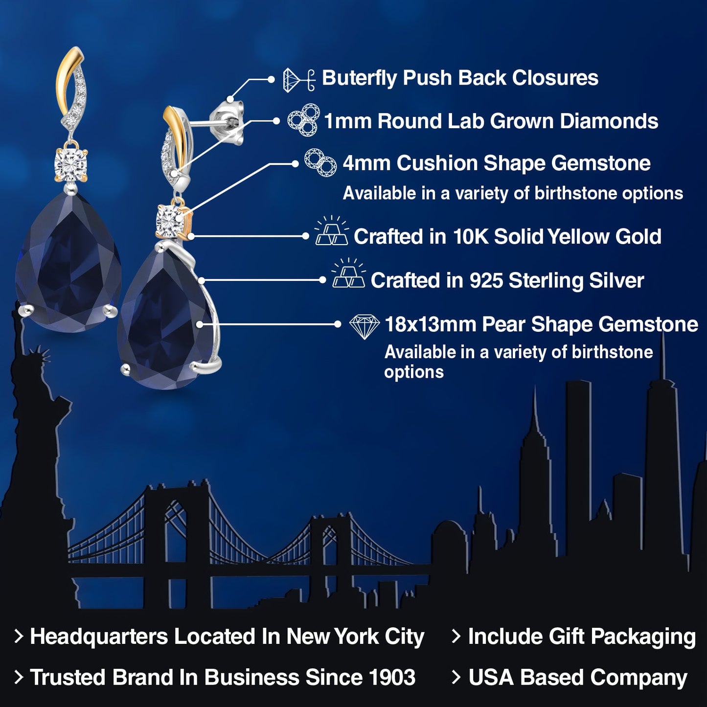 25.95 Cttw 925 Silver and 10K Yellow Gold Blue Created Sapphire White Moissanite and White Lab Grown Diamond Earrings For Women | Gemstone Birthstone | Pear Shape 18X13MM