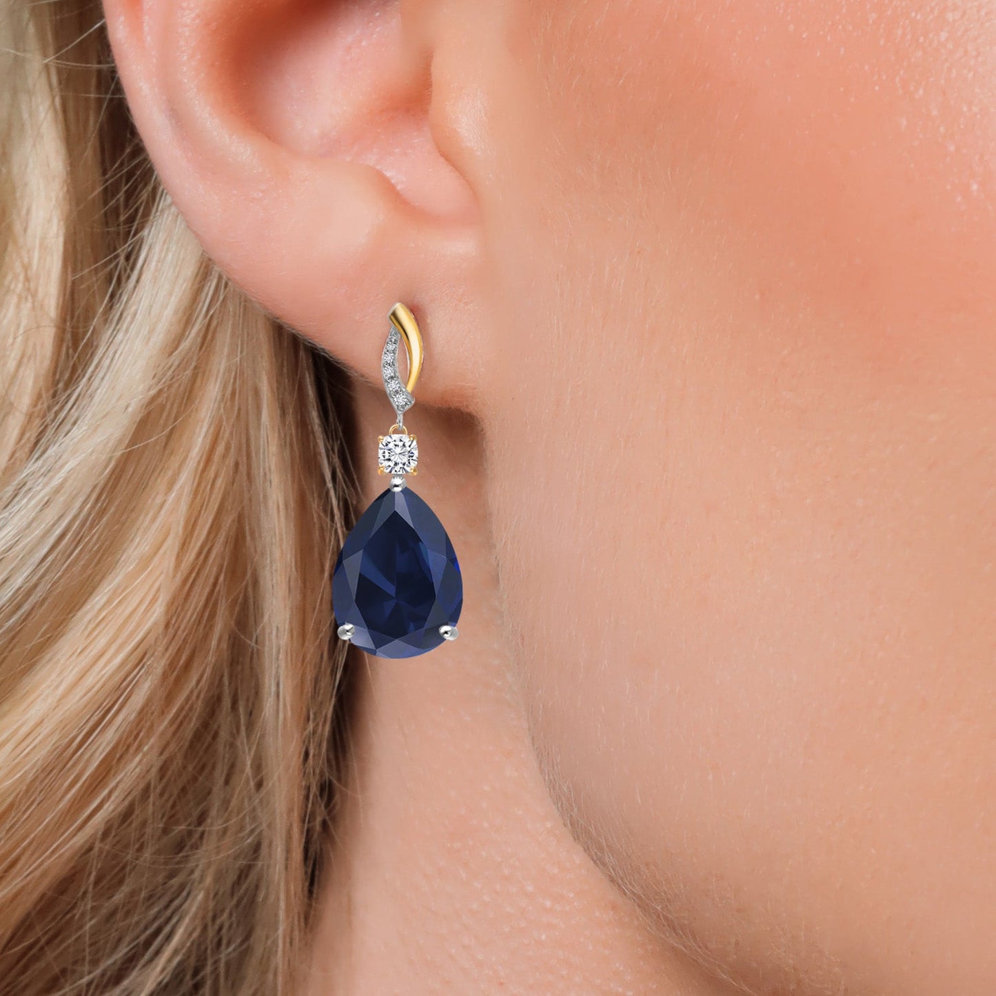 25.95 Cttw 925 Silver and 10K Yellow Gold Blue Created Sapphire White Moissanite and White Lab Grown Diamond Earrings For Women | Gemstone Birthstone | Pear Shape 18X13MM