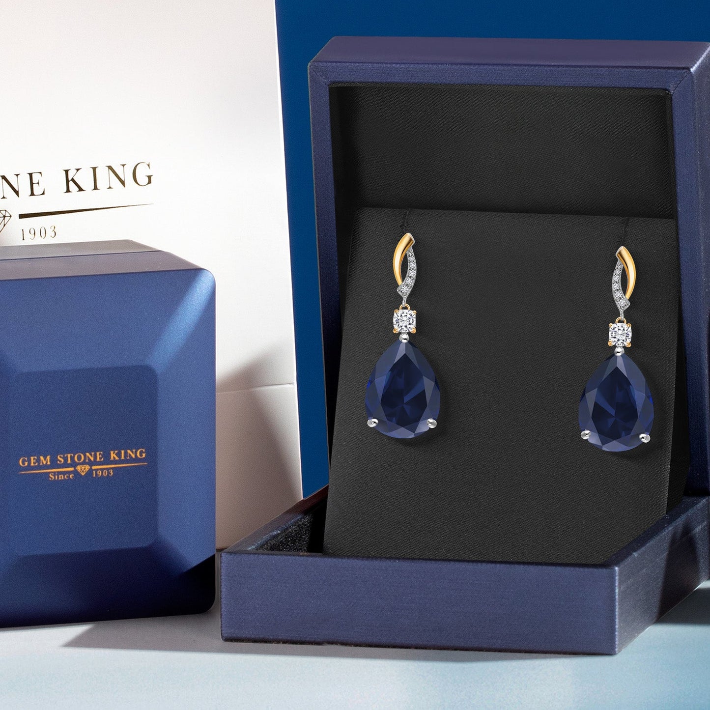 25.95 Cttw 925 Silver and 10K Yellow Gold Blue Created Sapphire White Moissanite and White Lab Grown Diamond Earrings For Women | Gemstone Birthstone | Pear Shape 18X13MM