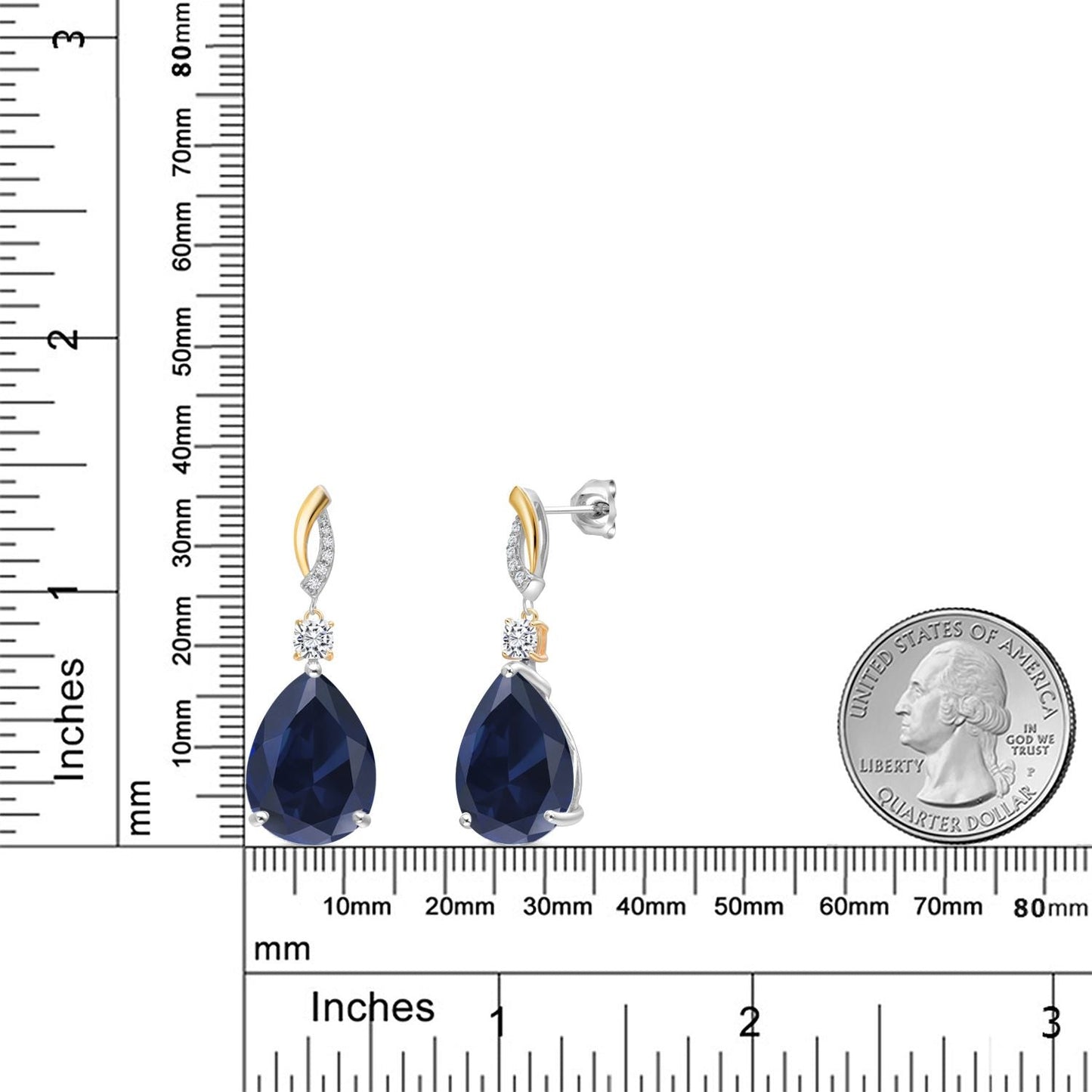 25.95 Cttw 925 Silver and 10K Yellow Gold Blue Created Sapphire White Moissanite and White Lab Grown Diamond Earrings For Women | Gemstone Birthstone | Pear Shape 18X13MM