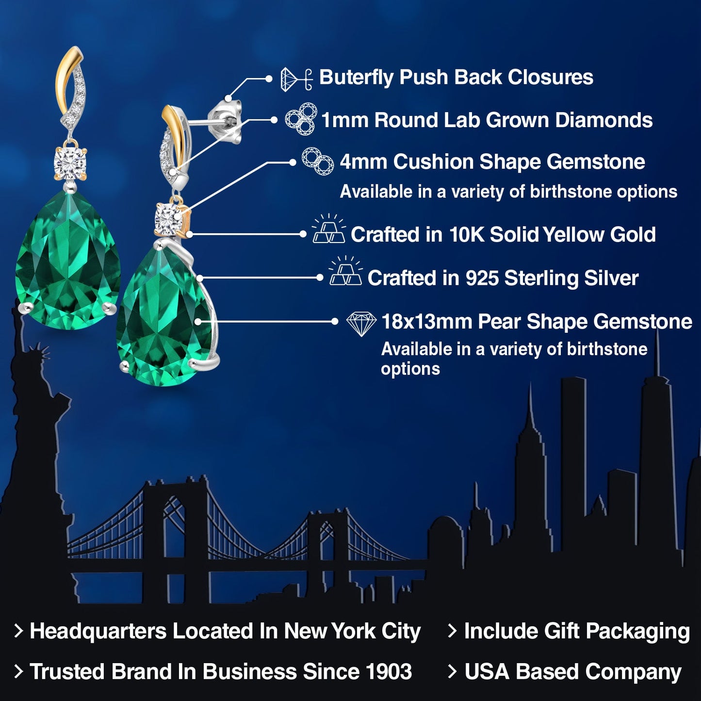 19.19 Cttw 925 Silver and 10K Yellow Gold Green Nano Emerald White Moissanite and White Lab Grown Diamond Earrings For Women | Gemstone Birthstone | Pear Shape 18X13MM