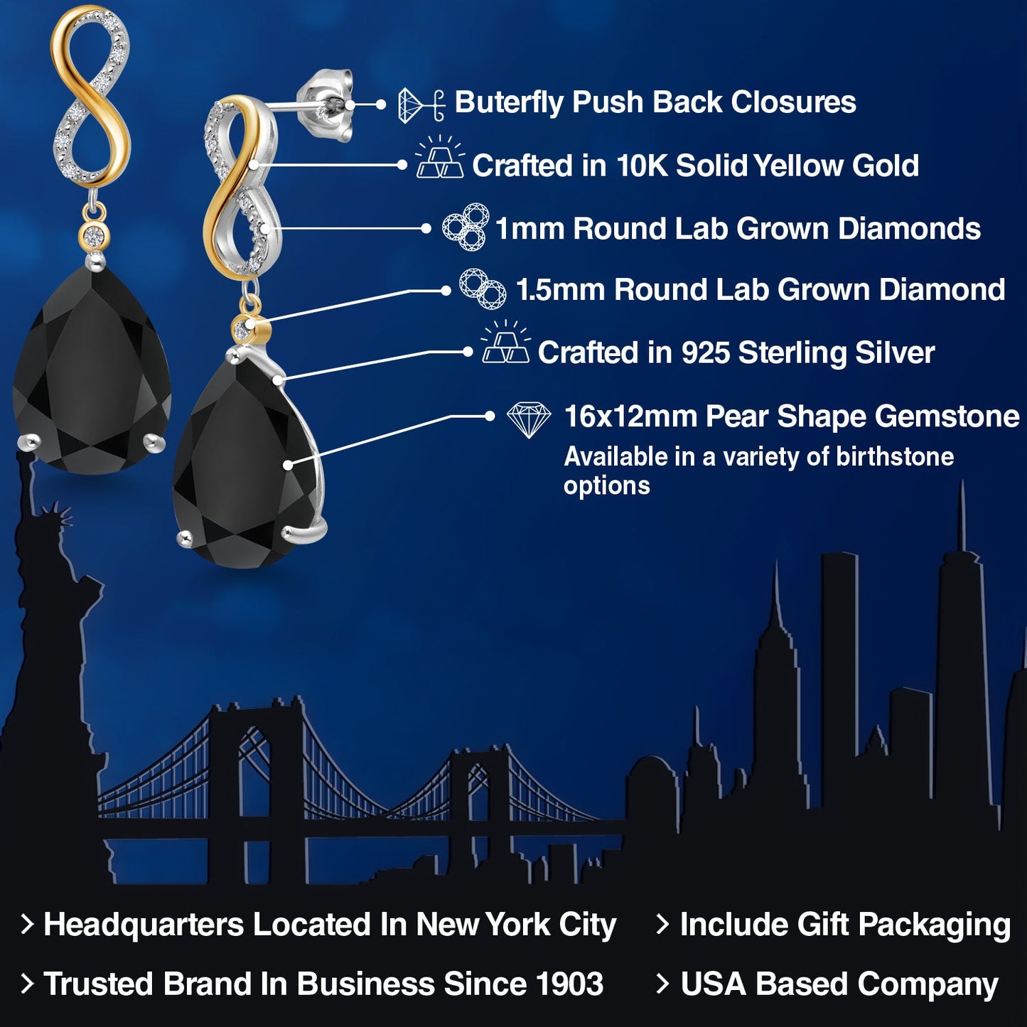 925 Silver and 10K Yellow Gold Black Onyx and White Lab Grown Diamond Dangle Earrings For Women | 14.77 Cttw | Gemstone December Birthstone | Pear Shape 16X12MM