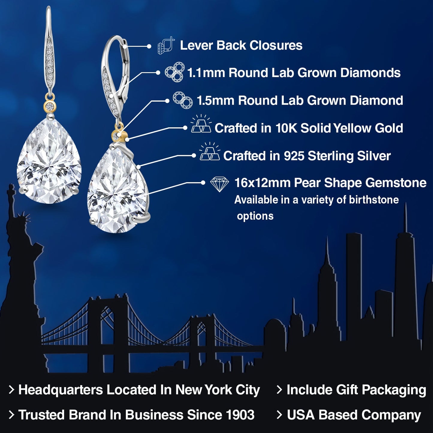 925 Silver and 10K Yellow Gold White Moissanite and White Lab Grown Diamond Dangle Earrings For Women | 18.37 Cttw | Gemstone | Pear Shape 16X12MM