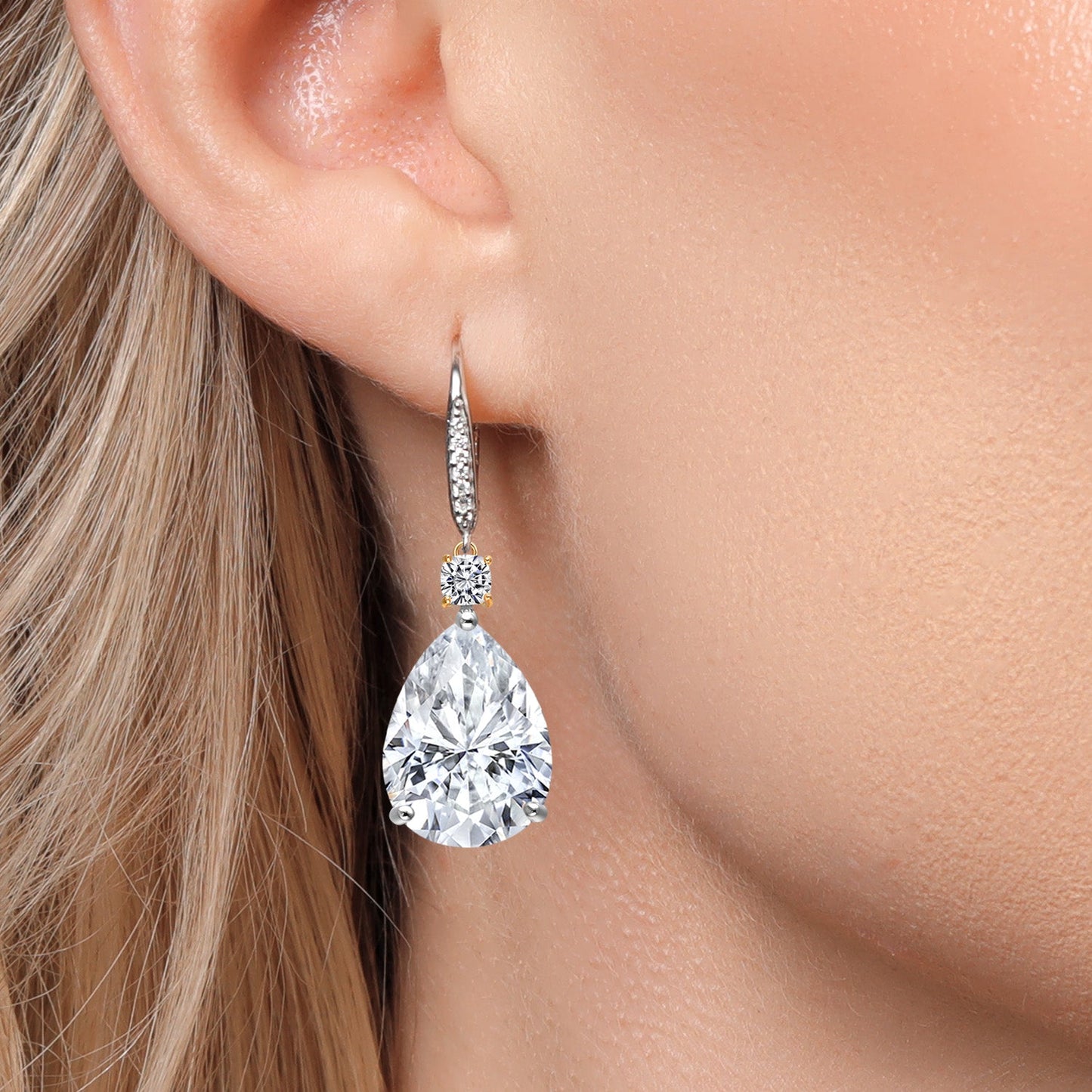 925 Silver and 10K Yellow Gold White Moissanite and White Lab Grown Diamond Dangle Earrings For Women | 18.37 Cttw | Gemstone | Pear Shape 16X12MM