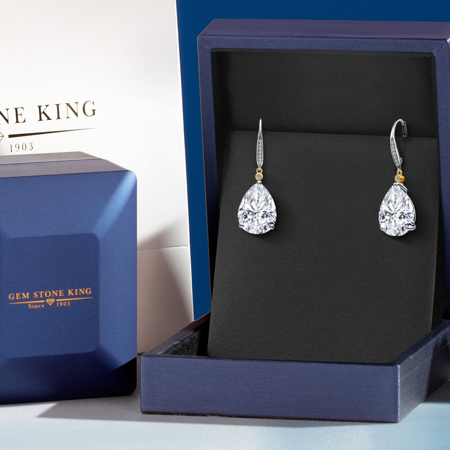 925 Silver and 10K Yellow Gold White Moissanite and White Lab Grown Diamond Dangle Earrings For Women | 18.37 Cttw | Gemstone | Pear Shape 16X12MM