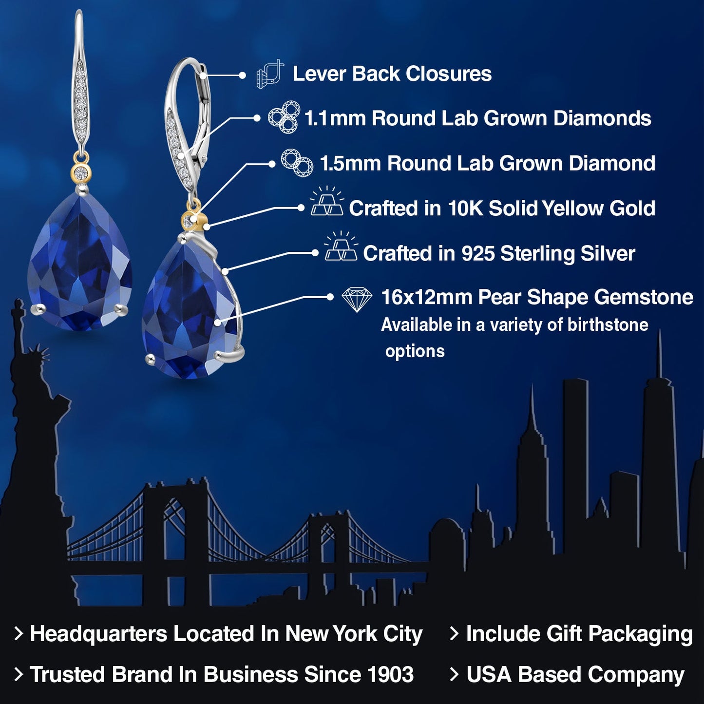 925 Silver and 10K Yellow Gold Blue Created Sapphire and White Lab Grown Diamond Dangle Earrings For Women | 20.43 Cttw | Gemstone September Birthstone | Pear Shape 16X12MM