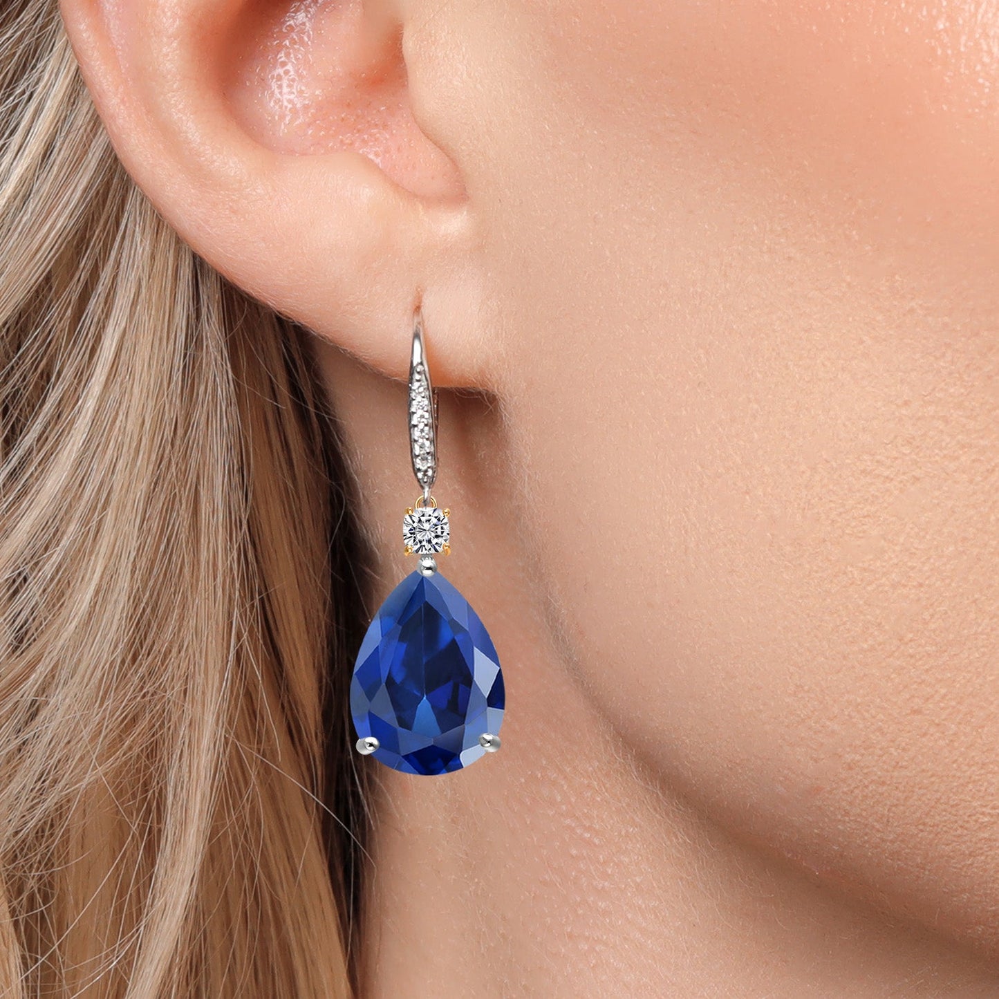 925 Silver and 10K Yellow Gold Blue Created Sapphire and White Lab Grown Diamond Dangle Earrings For Women | 20.43 Cttw | Gemstone September Birthstone | Pear Shape 16X12MM