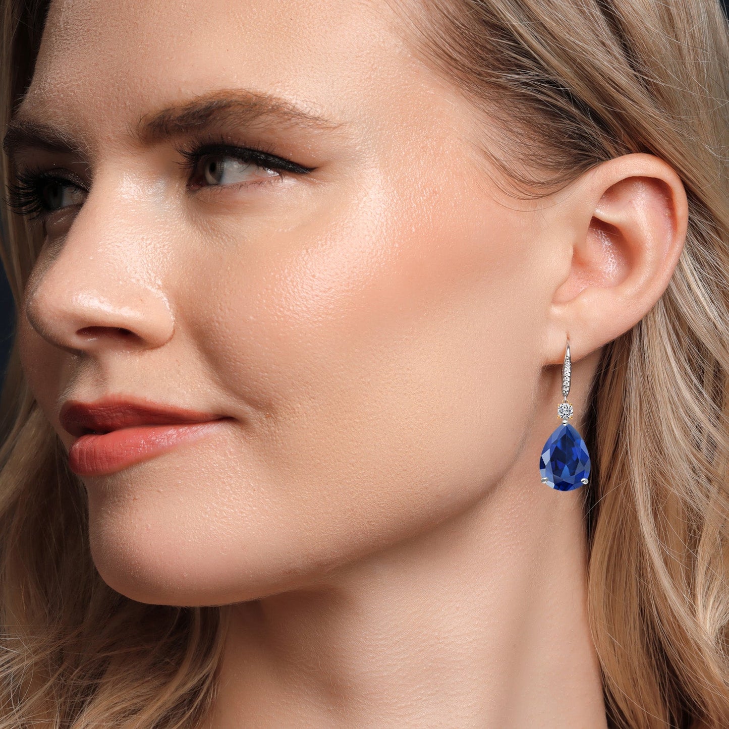 925 Silver and 10K Yellow Gold Blue Created Sapphire and White Lab Grown Diamond Dangle Earrings For Women | 20.43 Cttw | Gemstone September Birthstone | Pear Shape 16X12MM