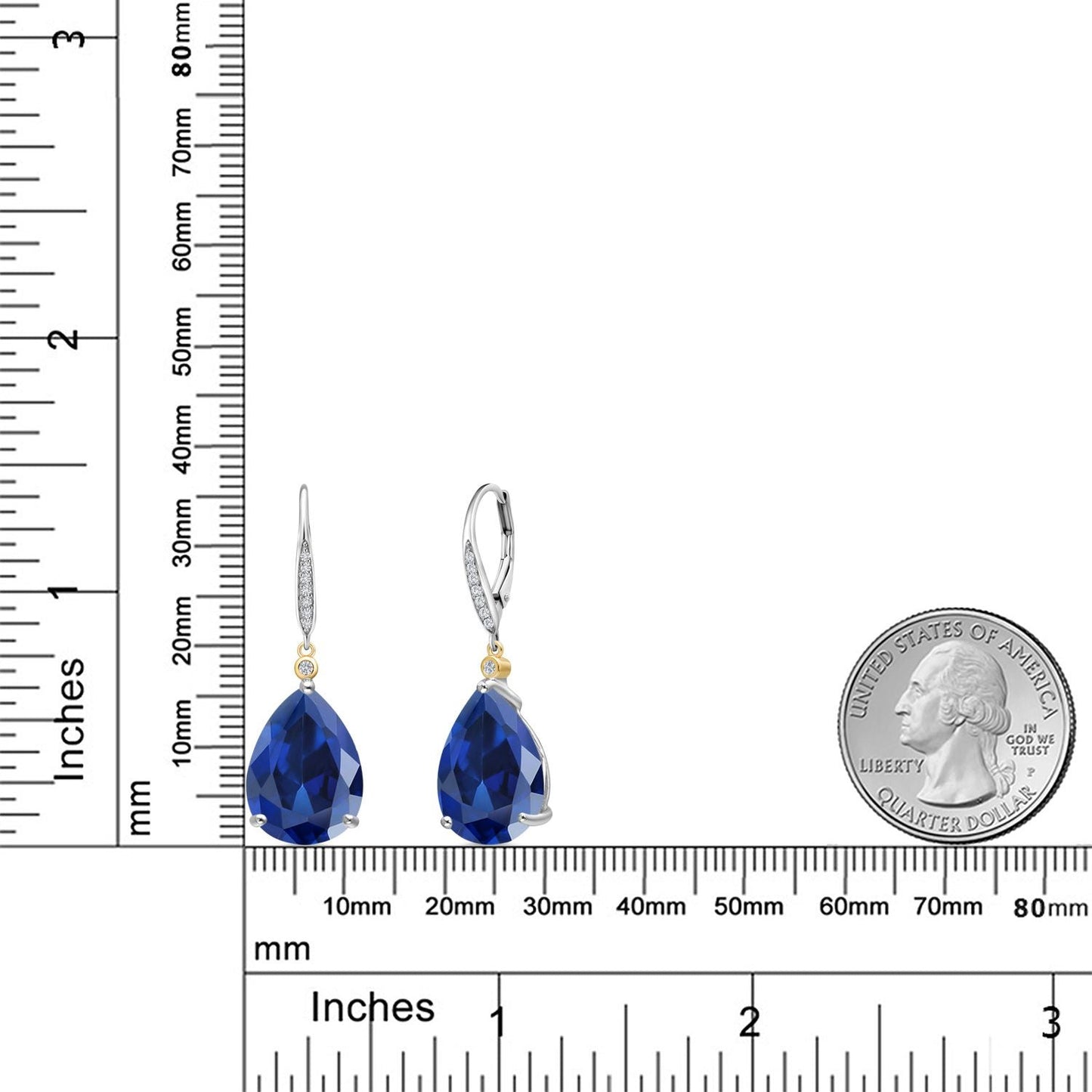 925 Silver and 10K Yellow Gold Blue Created Sapphire and White Lab Grown Diamond Dangle Earrings For Women | 20.43 Cttw | Gemstone September Birthstone | Pear Shape 16X12MM