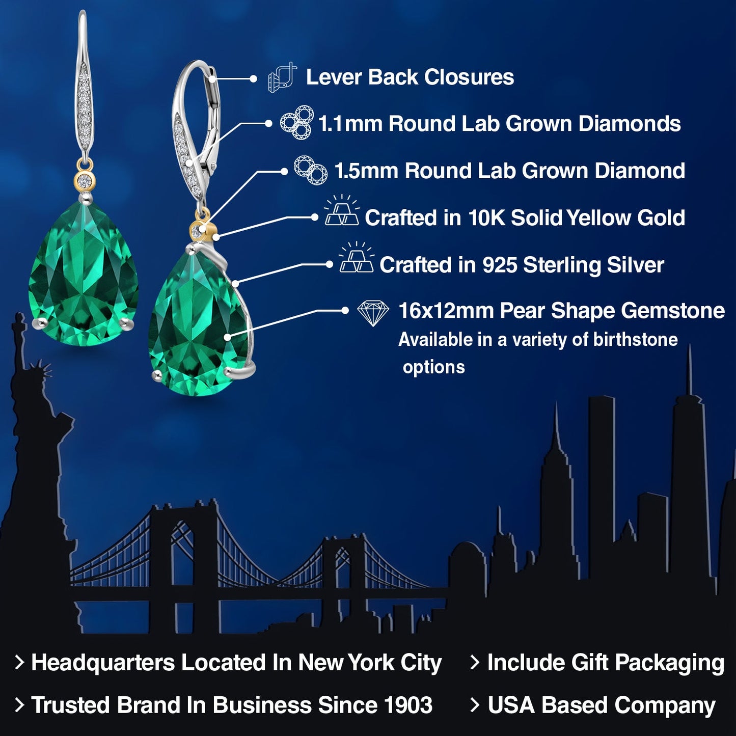925 Silver and 10K Yellow Gold Green Nano Emerald and White Lab Grown Diamond Dangle Earrings For Women | 16.53 Cttw | Gemstone May Birthstone | Pear Shape 16X12MM
