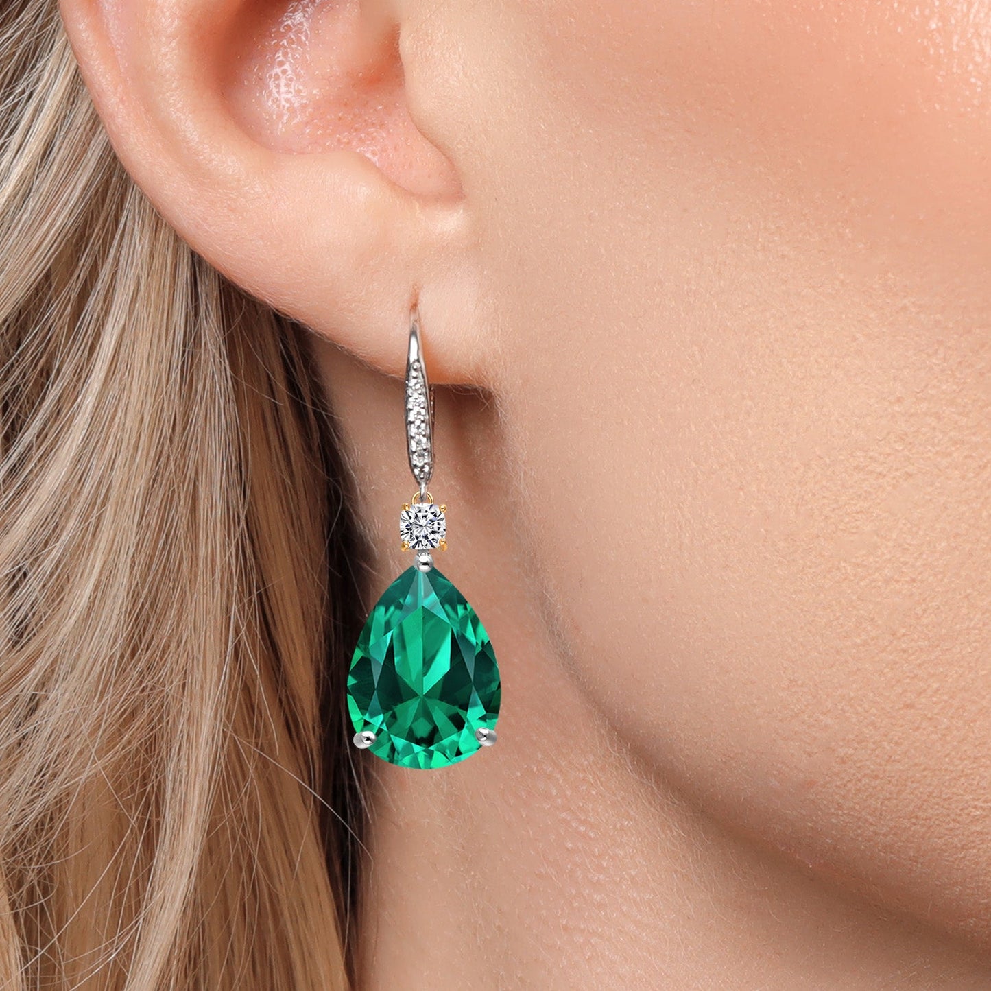 925 Silver and 10K Yellow Gold Green Nano Emerald and White Lab Grown Diamond Dangle Earrings For Women | 16.53 Cttw | Gemstone May Birthstone | Pear Shape 16X12MM