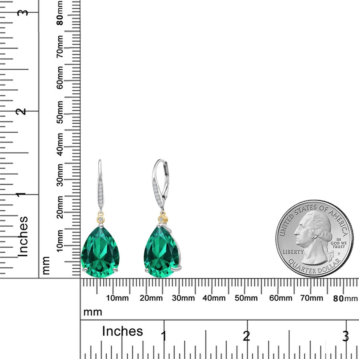 925 Silver and 10K Yellow Gold Green Nano Emerald and White Lab Grown Diamond Dangle Earrings For Women | 16.53 Cttw | Gemstone May Birthstone | Pear Shape 16X12MM