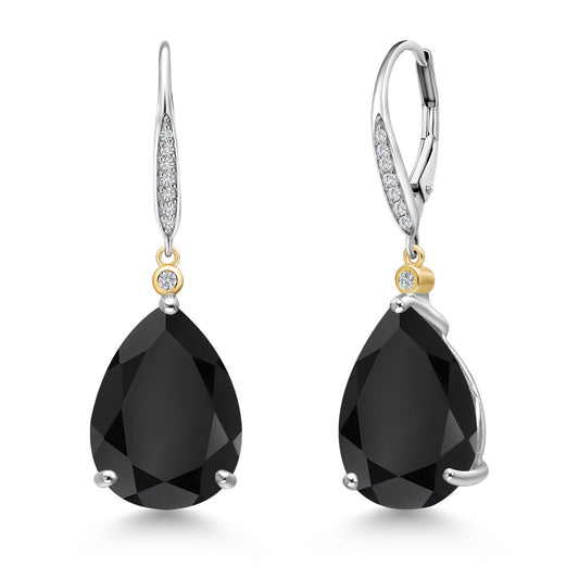 925 Silver and 10K Yellow Gold Black Onyx and White Lab Grown Diamond Dangle Earrings For Women | 14.77 Cttw | Gemstone December Birthstone | Pear Shape 16X12MM