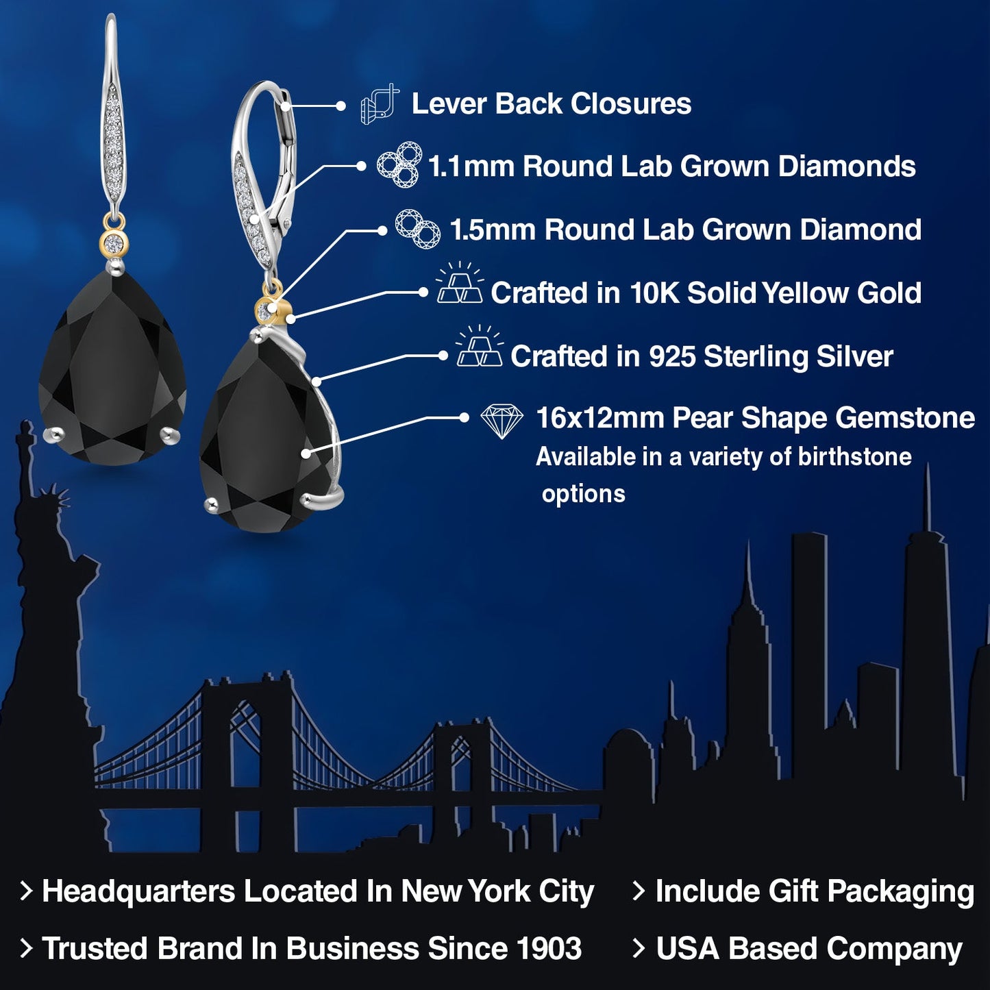 925 Silver and 10K Yellow Gold Black Onyx and White Lab Grown Diamond Dangle Earrings For Women | 14.77 Cttw | Gemstone December Birthstone | Pear Shape 16X12MM