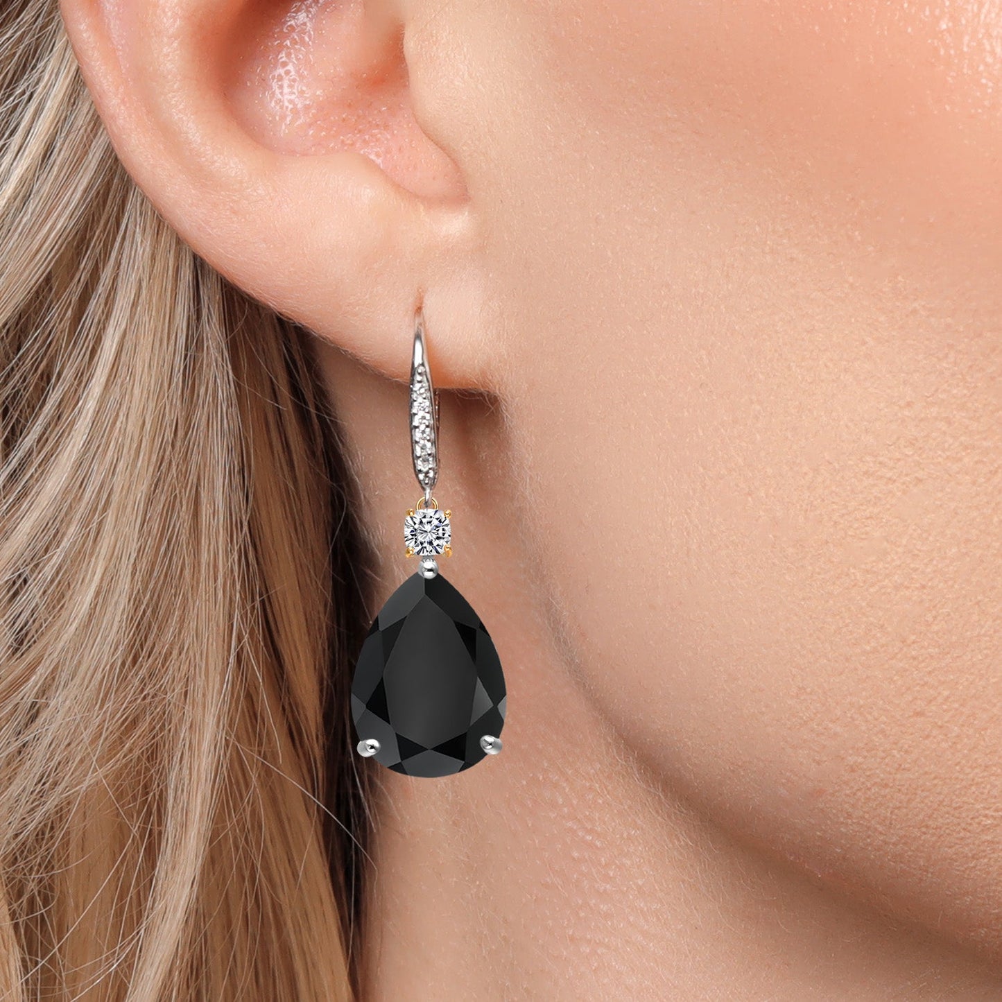 925 Silver and 10K Yellow Gold Black Onyx and White Lab Grown Diamond Dangle Earrings For Women | 14.77 Cttw | Gemstone December Birthstone | Pear Shape 16X12MM