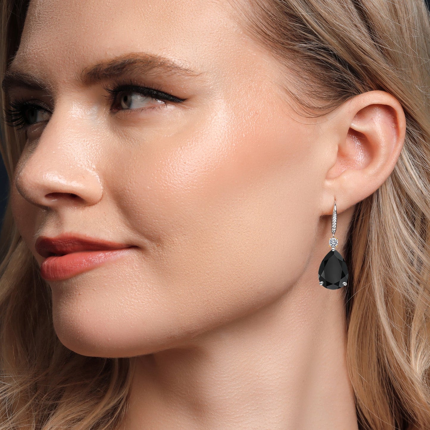 925 Silver and 10K Yellow Gold Black Onyx and White Lab Grown Diamond Dangle Earrings For Women | 14.77 Cttw | Gemstone December Birthstone | Pear Shape 16X12MM