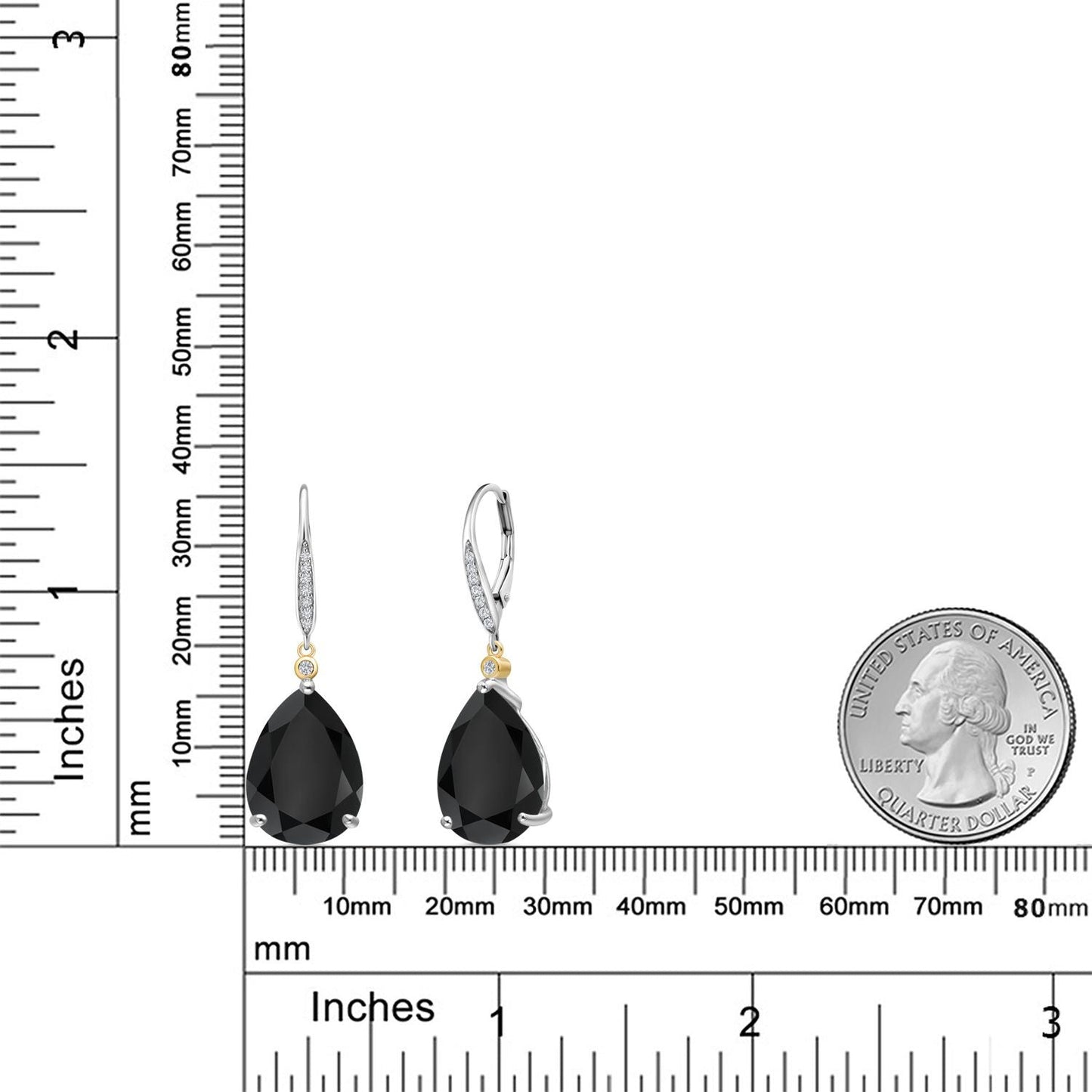 925 Silver and 10K Yellow Gold Black Onyx and White Lab Grown Diamond Dangle Earrings For Women | 14.77 Cttw | Gemstone December Birthstone | Pear Shape 16X12MM