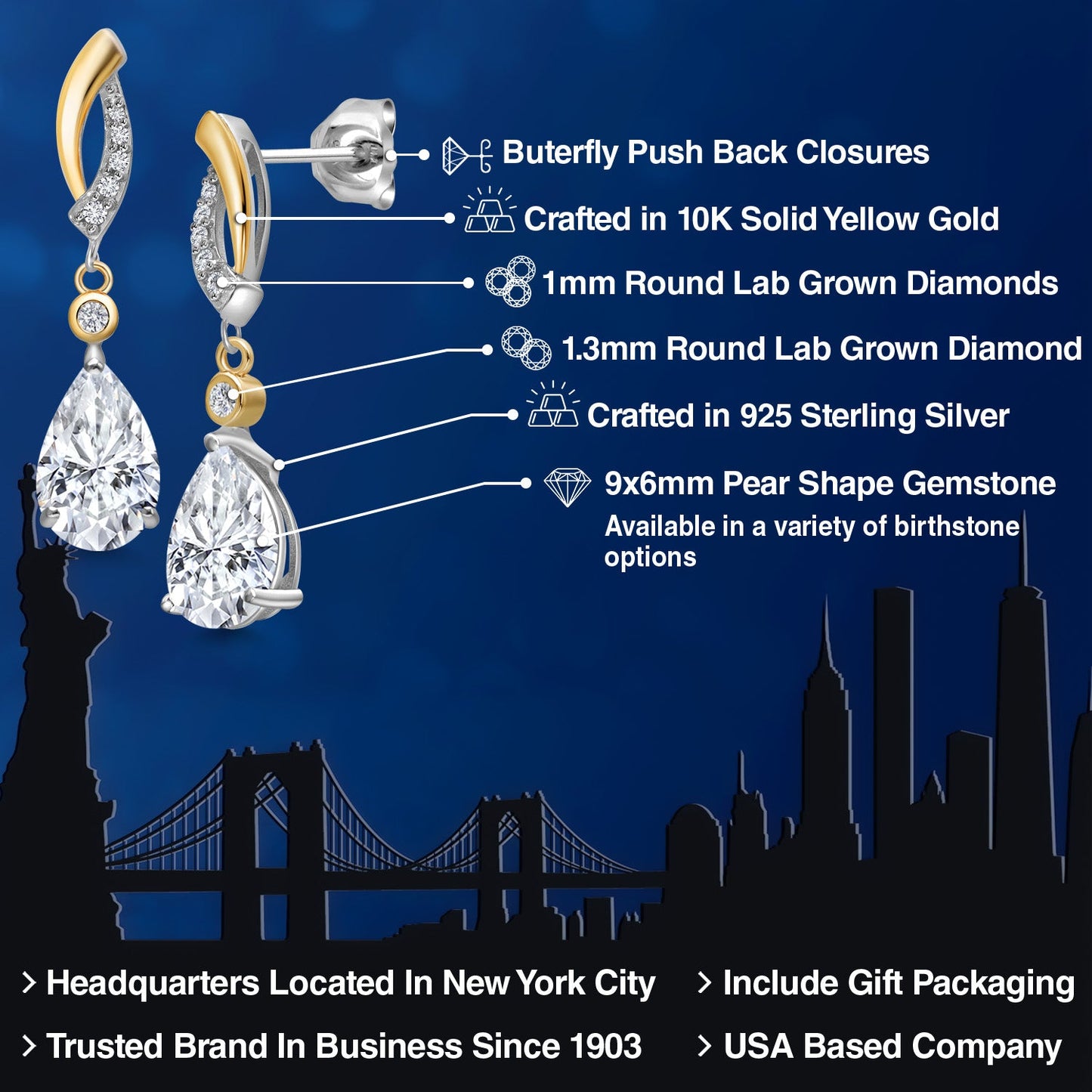 925 Silver and 10K Yellow Gold White Moissanite and White Lab Grown Diamond Earrings For Women | 2.71 Cttw | Gemstone | Pear Shape 9X6MM