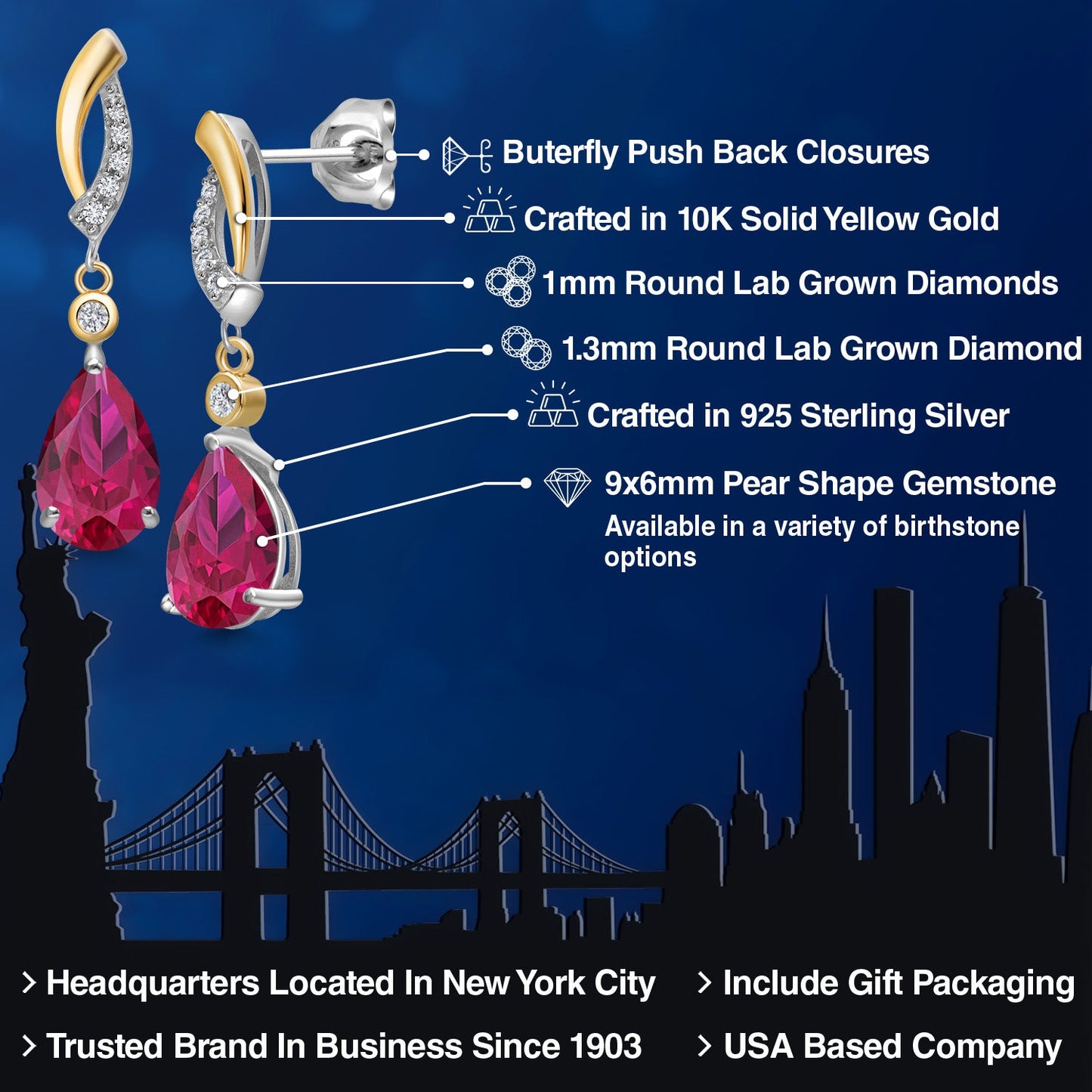 925 Silver and 10K Yellow Gold Red Created Ruby and White Lab Grown Diamond Earrings For Women | 2.97 Cttw | Gemstone July Birthstone | Pear Shape 9X6MM