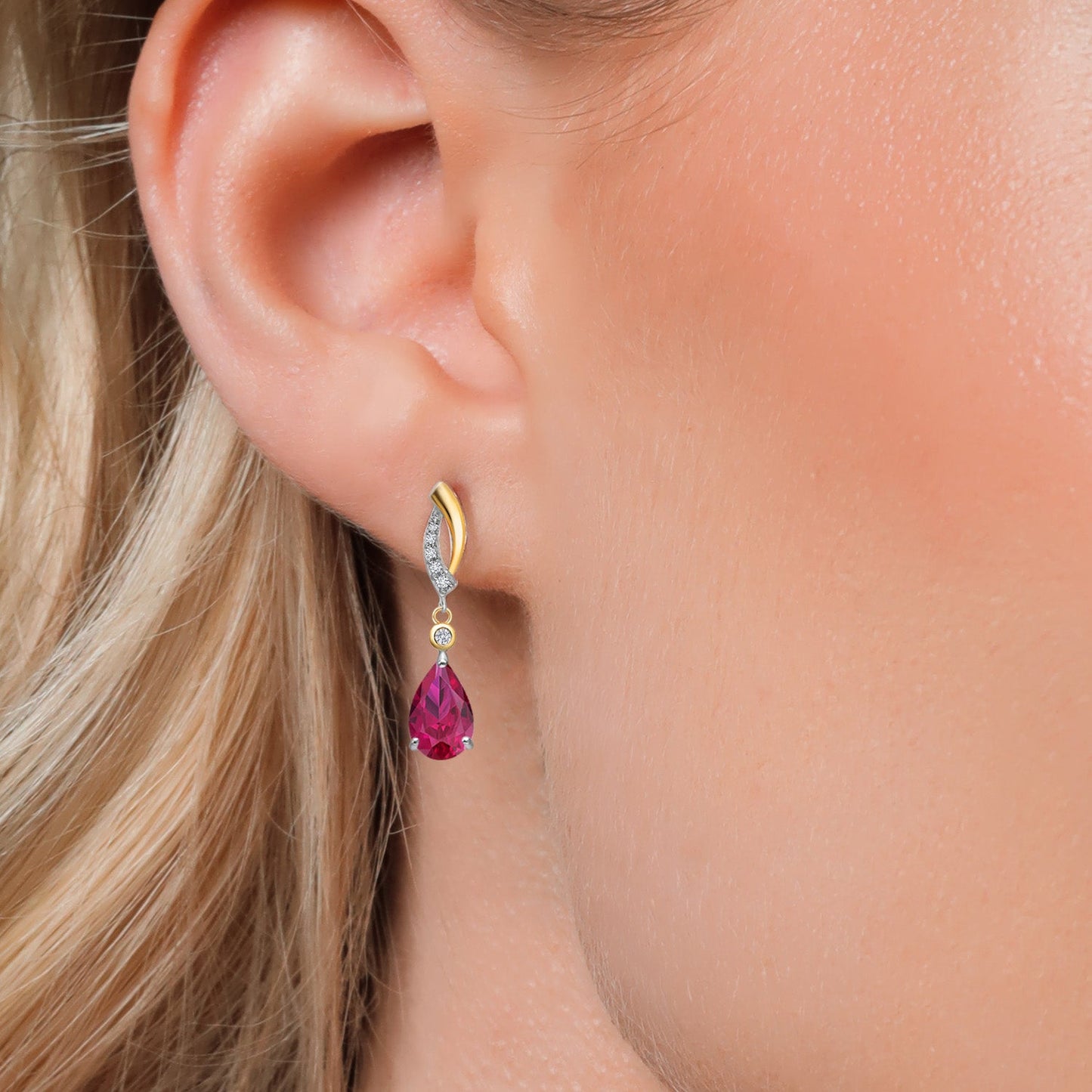 925 Silver and 10K Yellow Gold Red Created Ruby and White Lab Grown Diamond Earrings For Women | 2.97 Cttw | Gemstone July Birthstone | Pear Shape 9X6MM