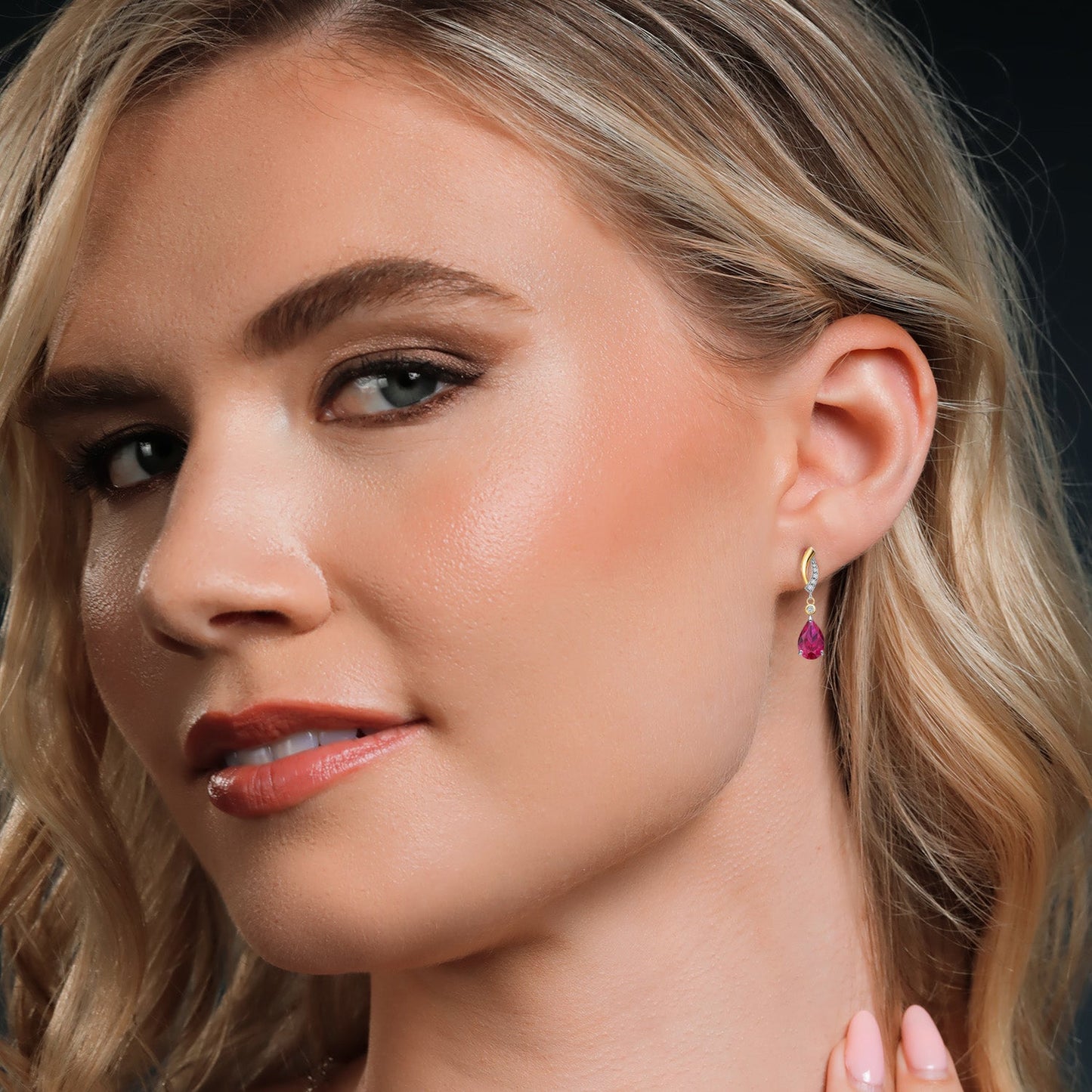 925 Silver and 10K Yellow Gold Red Created Ruby and White Lab Grown Diamond Earrings For Women | 2.97 Cttw | Gemstone July Birthstone | Pear Shape 9X6MM