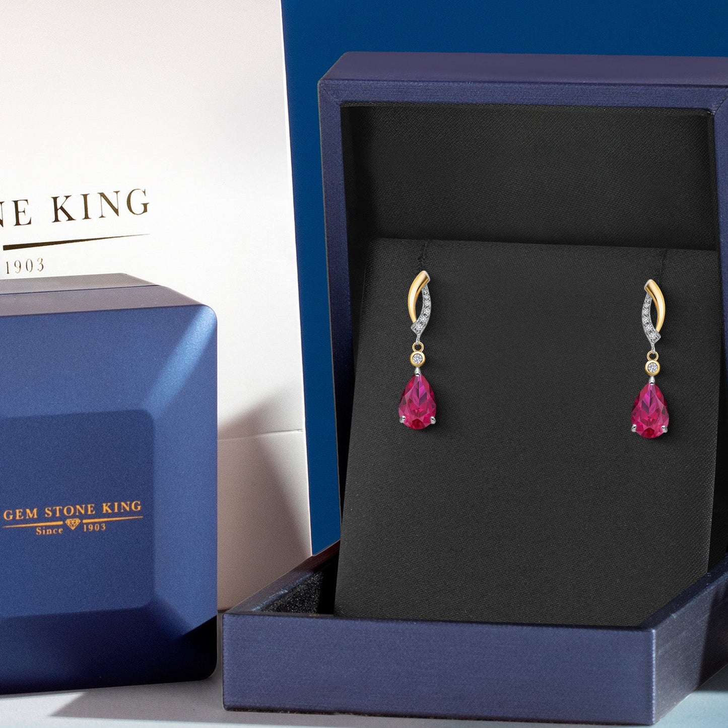 925 Silver and 10K Yellow Gold Red Created Ruby and White Lab Grown Diamond Earrings For Women | 2.97 Cttw | Gemstone July Birthstone | Pear Shape 9X6MM