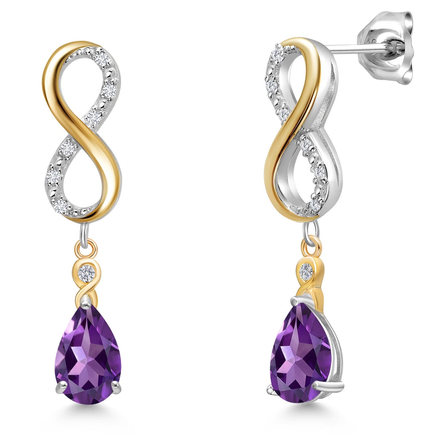 Infinity Dangle Earrings For Women In 925 Silver and 10K Yellow Gold with 8X5MM Pear Shape Gemstone Birthstone and White Lab Grown Diamond