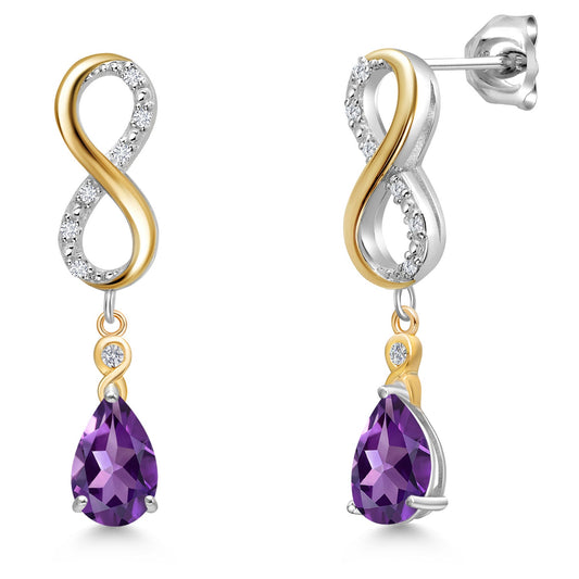 Infinity Dangle Earrings For Women In 925 Silver and 10K Yellow Gold with 8X5MM Pear Shape Gemstone Birthstone and White Lab Grown Diamond