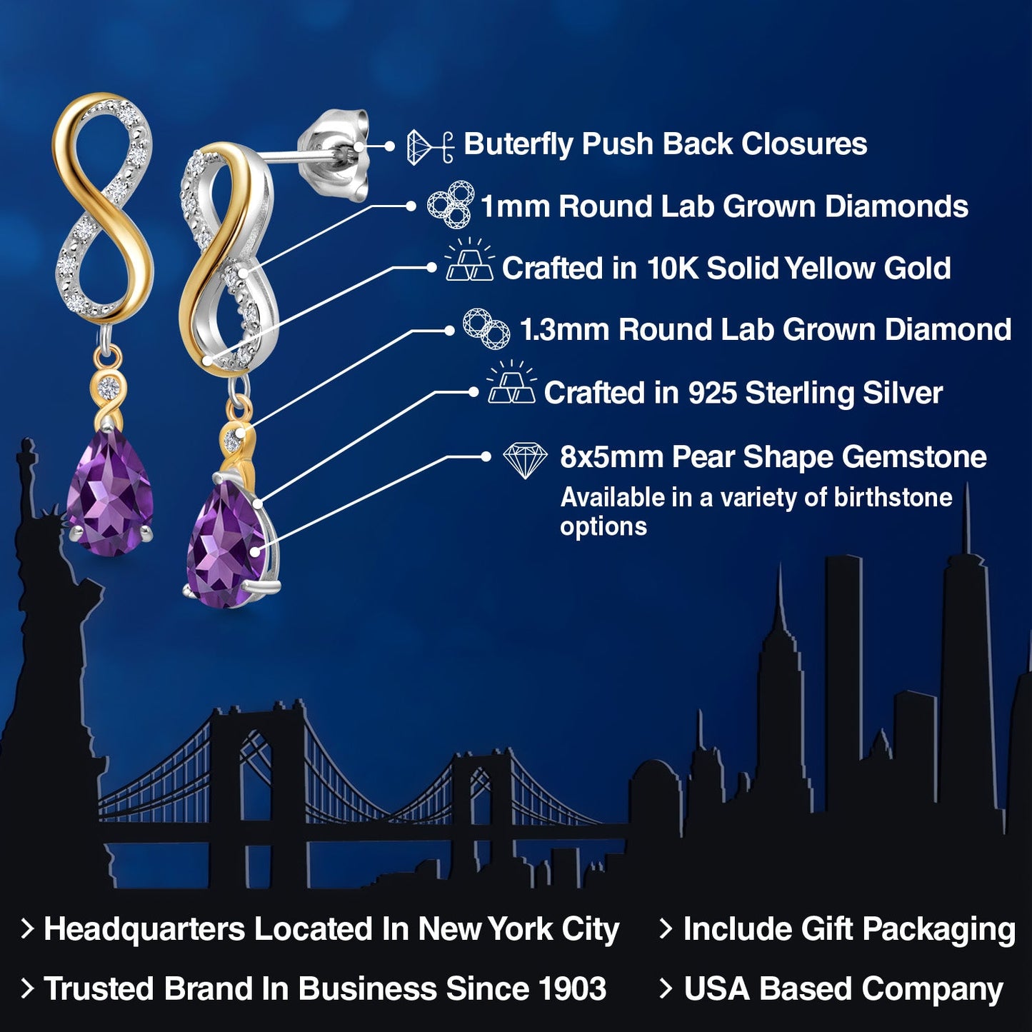 Infinity Dangle Earrings For Women In 925 Silver and 10K Yellow Gold with 8X5MM Pear Shape Gemstone Birthstone and White Lab Grown Diamond