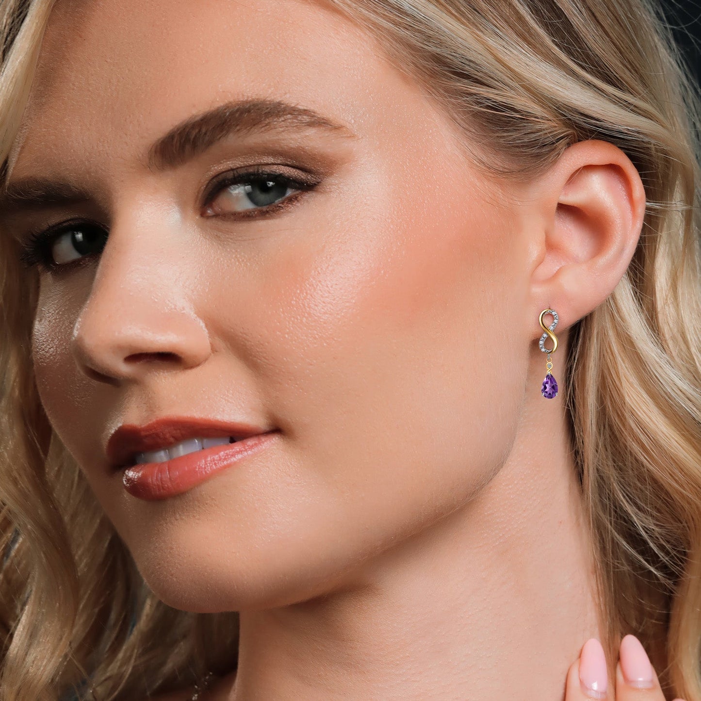 Infinity Dangle Earrings For Women In 925 Silver and 10K Yellow Gold with 8X5MM Pear Shape Gemstone Birthstone and White Lab Grown Diamond