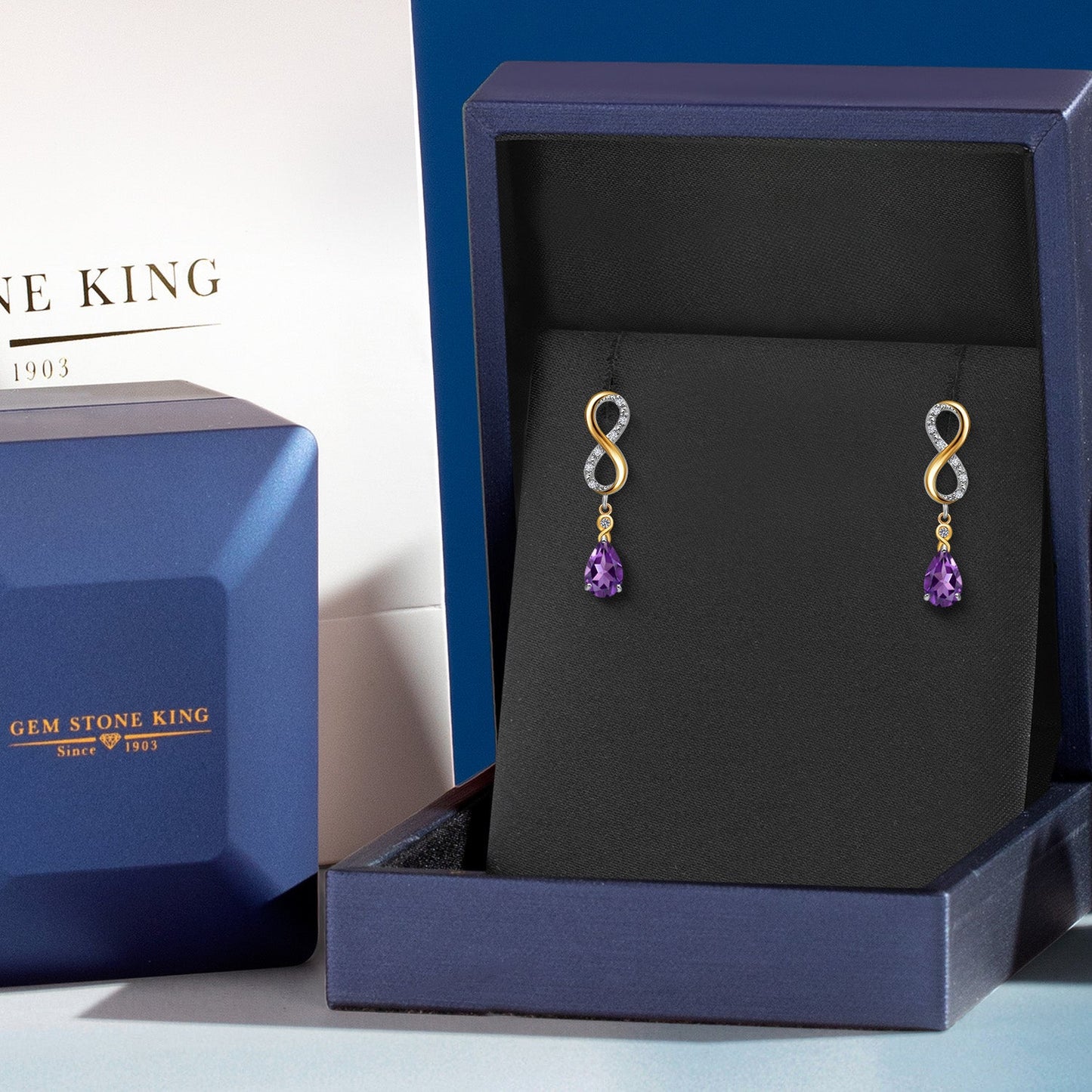 Infinity Dangle Earrings For Women In 925 Silver and 10K Yellow Gold with 8X5MM Pear Shape Gemstone Birthstone and White Lab Grown Diamond