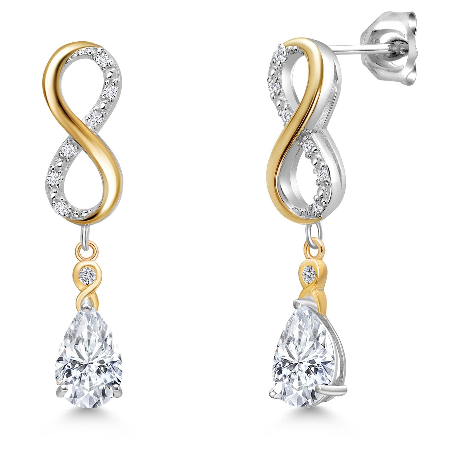 Infinity Dangle Earrings For Women In 925 Silver and 10K Yellow Gold with 8X5MM Pear Shape Gemstone Birthstone and White Lab Grown Diamond