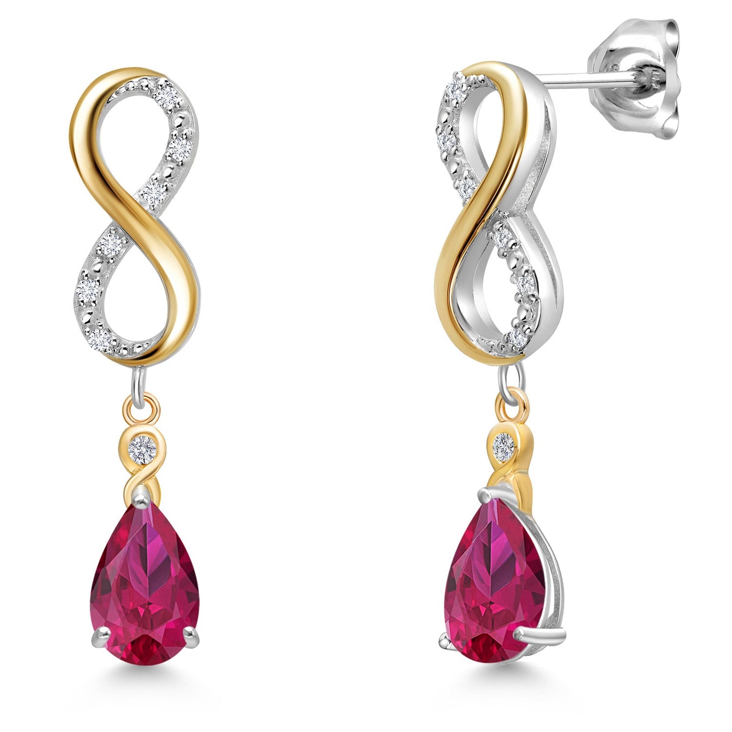 Infinity Dangle Earrings For Women In 925 Silver and 10K Yellow Gold with 8X5MM Pear Shape Gemstone Birthstone and White Lab Grown Diamond