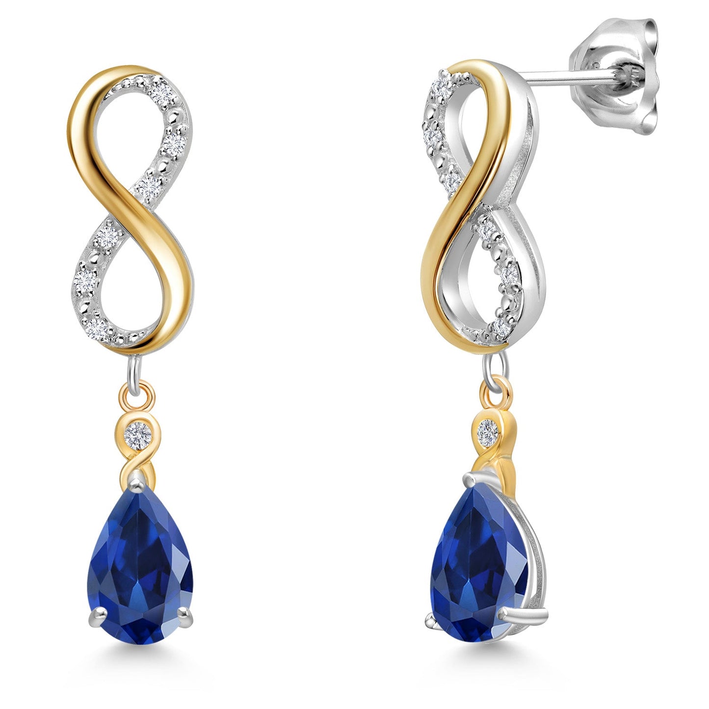 Infinity Dangle Earrings For Women In 925 Silver and 10K Yellow Gold with 8X5MM Pear Shape Gemstone Birthstone and White Lab Grown Diamond