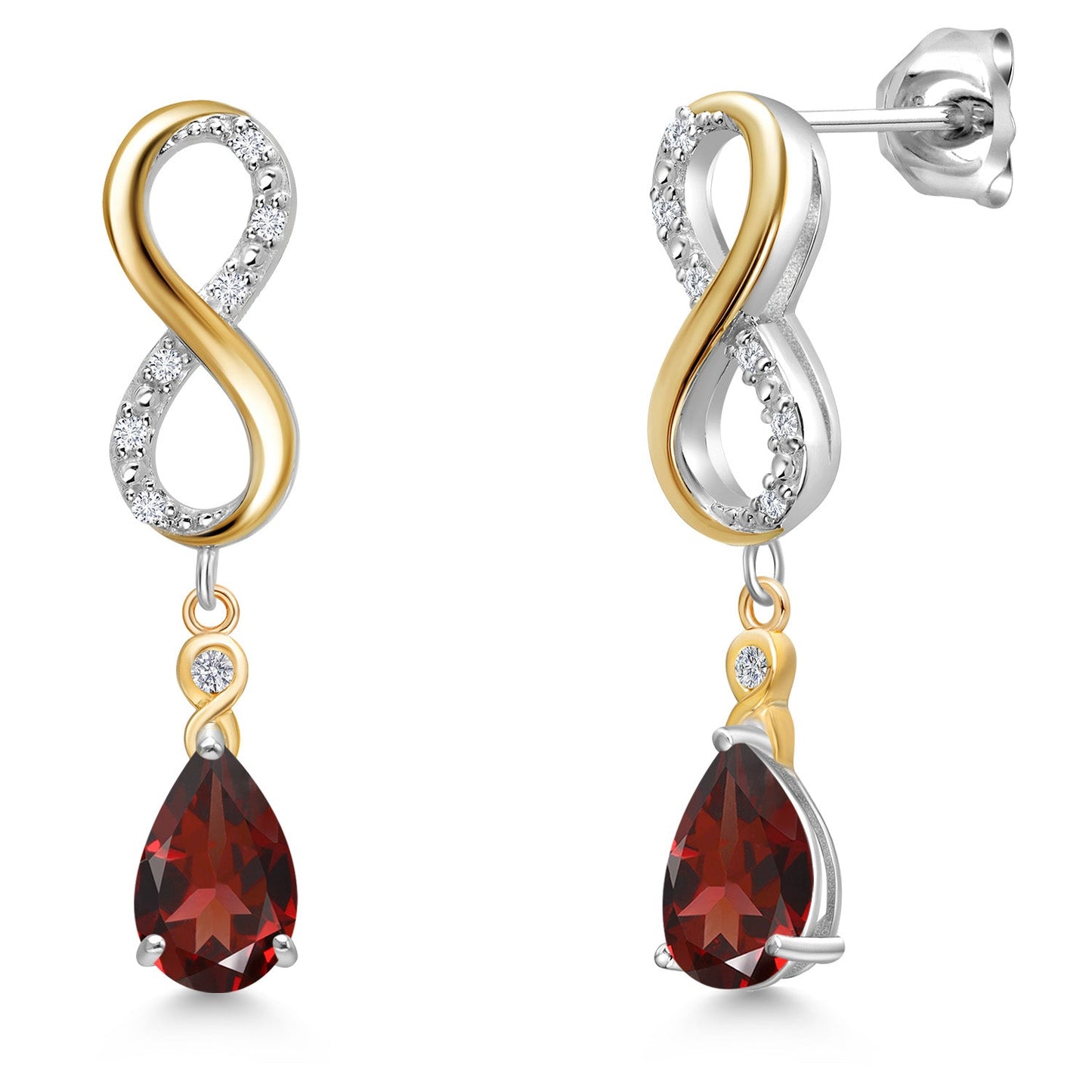 Infinity Dangle Earrings For Women In 925 Silver and 10K Yellow Gold with 8X5MM Pear Shape Gemstone Birthstone and White Lab Grown Diamond