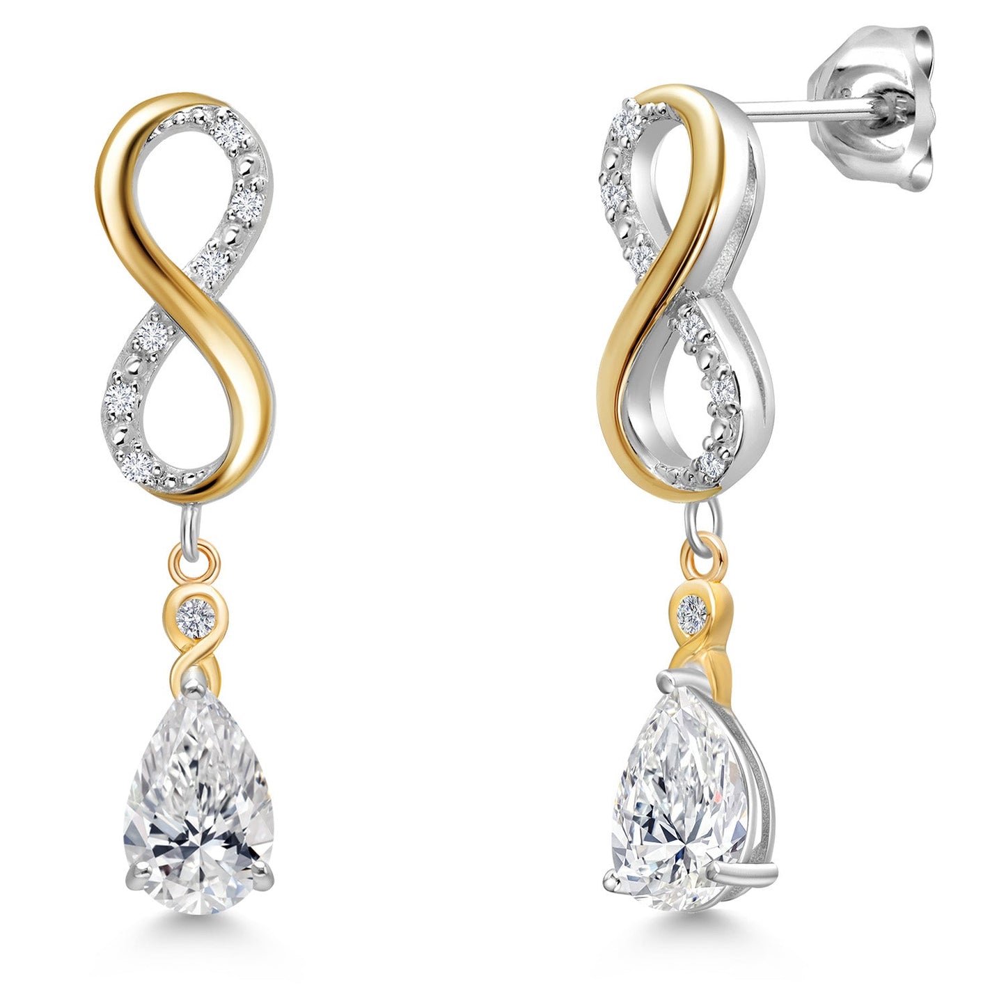 Infinity Dangle Earrings For Women In 925 Silver and 10K Yellow Gold with 8X5MM Pear Shape Gemstone Birthstone and White Lab Grown Diamond