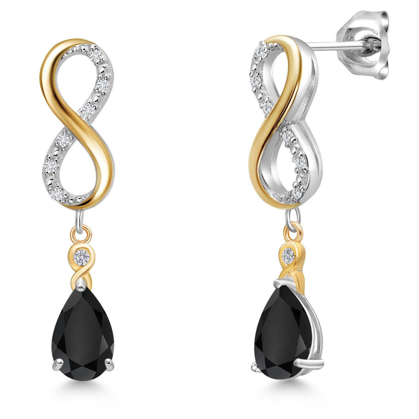 Infinity Dangle Earrings For Women In 925 Silver and 10K Yellow Gold with 8X5MM Pear Shape Gemstone Birthstone and White Lab Grown Diamond