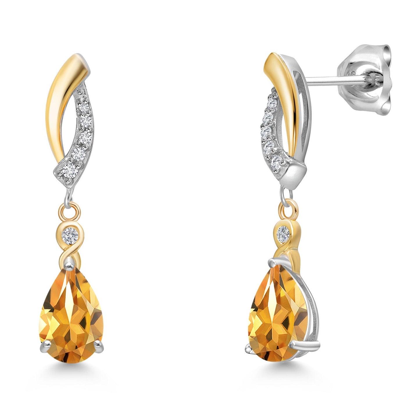 925 Silver and 10K Yellow Gold Gemstone Birthstone and White Lab Grown Diamond Dangle Earrings For Women | Pear Shape 8X5MM