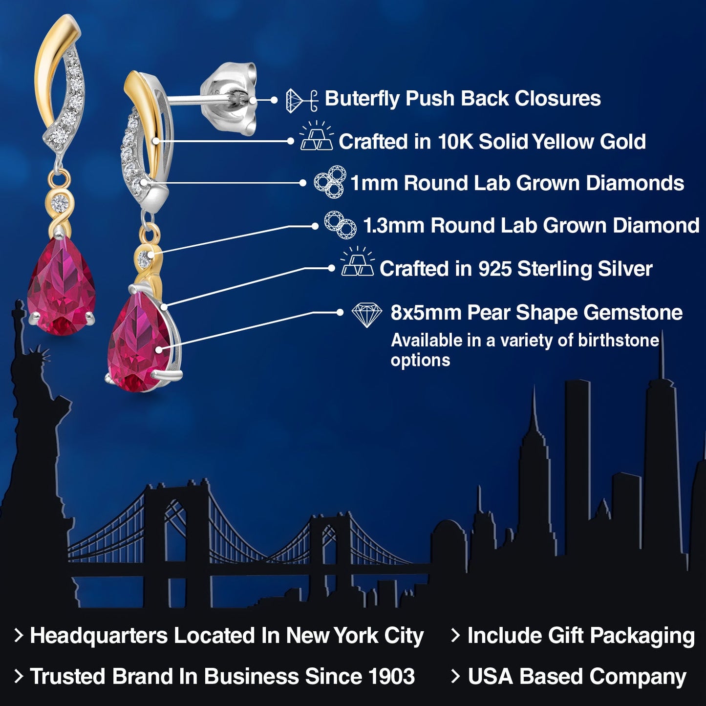 925 Silver and 10K Yellow Gold Gemstone Birthstone and White Lab Grown Diamond Dangle Earrings For Women | Pear Shape 8X5MM