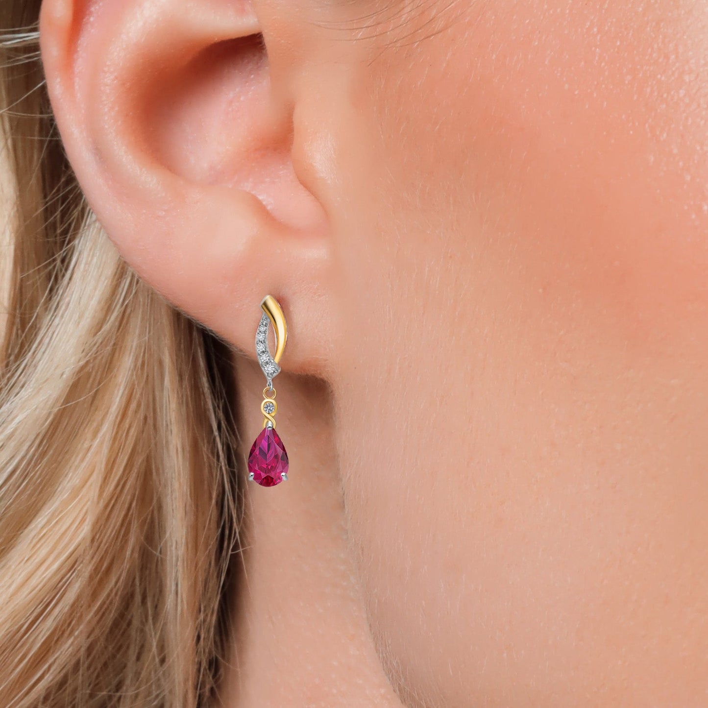 925 Silver and 10K Yellow Gold Gemstone Birthstone and White Lab Grown Diamond Dangle Earrings For Women | Pear Shape 8X5MM