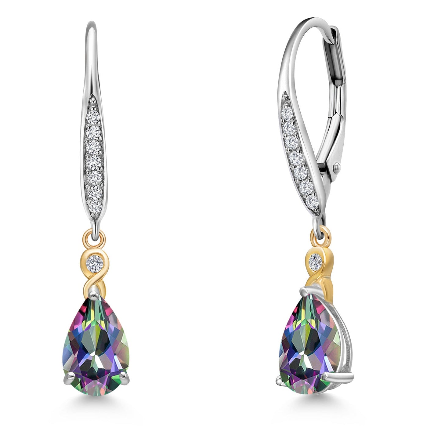 925 Silver and 10K Yellow Gold 8X5MM Pear Shape Gemstone Birthstone and White Lab Grown Diamond Leverback Drop Dangle Earrings For Women