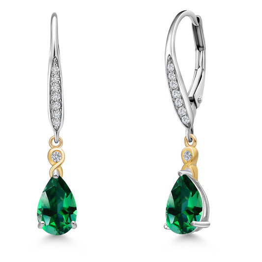 925 Silver and 10K Yellow Gold 8X5MM Pear Shape Gemstone Birthstone and White Lab Grown Diamond Leverback Drop Dangle Earrings For Women