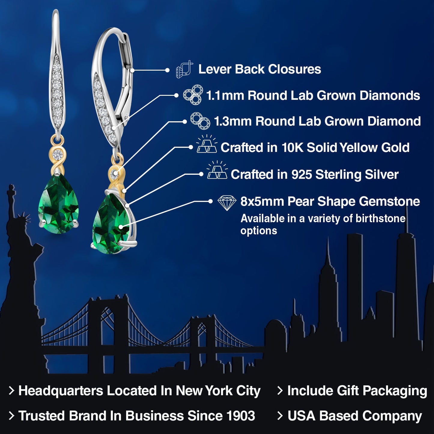 925 Silver and 10K Yellow Gold 8X5MM Pear Shape Gemstone Birthstone and White Lab Grown Diamond Leverback Drop Dangle Earrings For Women