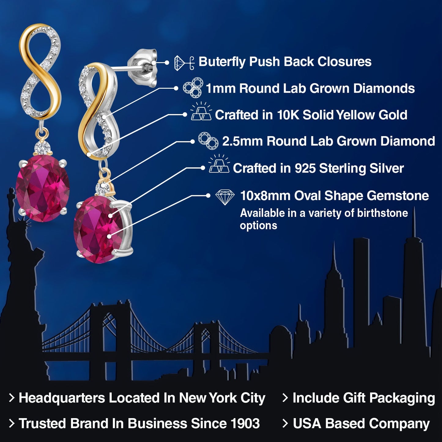 Infinity Drop Dangle Earrings For Women | 10X8MM Oval Gemstone Birthstone and White Lab Grown Diamond | 925 Silver and 10K Yellow Gold Oval