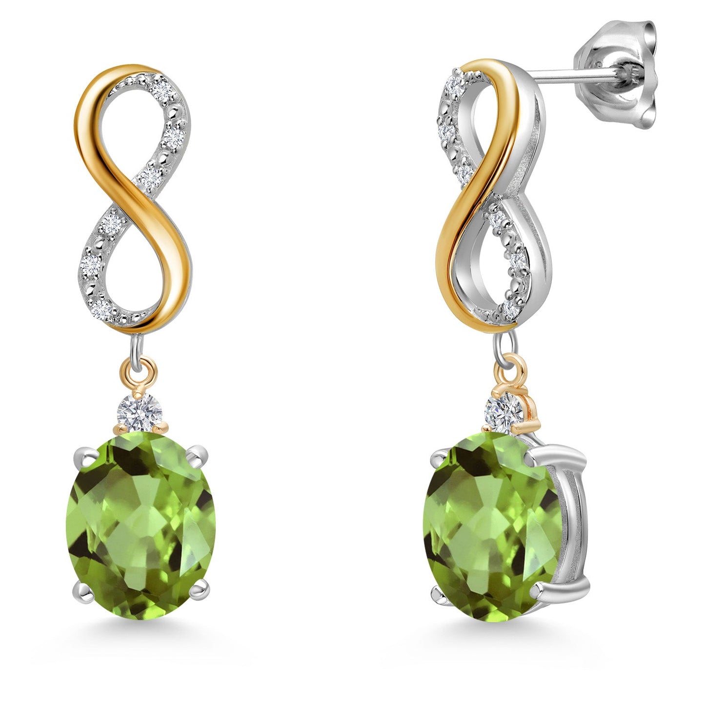 Infinity Drop Dangle Earrings For Women | 10X8MM Oval Gemstone Birthstone and White Lab Grown Diamond | 925 Silver and 10K Yellow Gold Oval