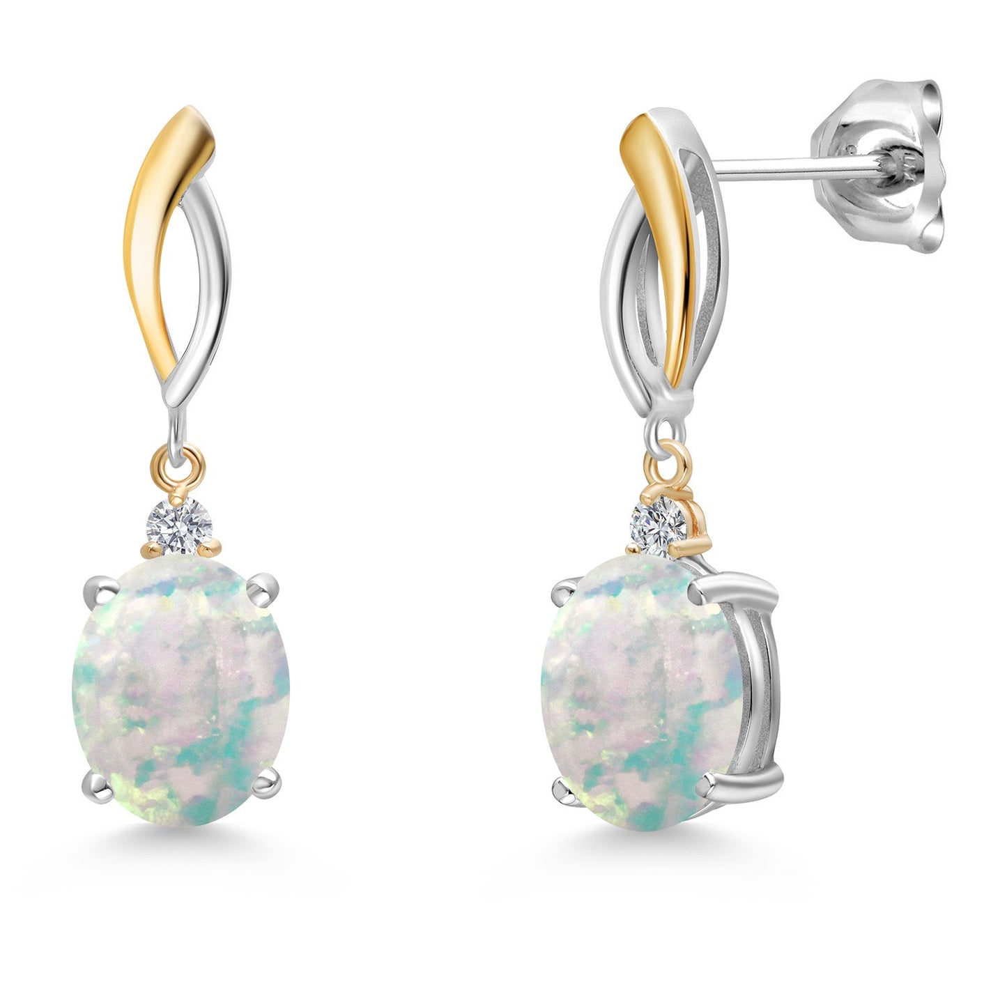 Dangle Earrings For Women In 925 Silver and 10K Yellow Gold with 10X8MM Oval Gemstone Birthstone and White Lab Grown Diamond
