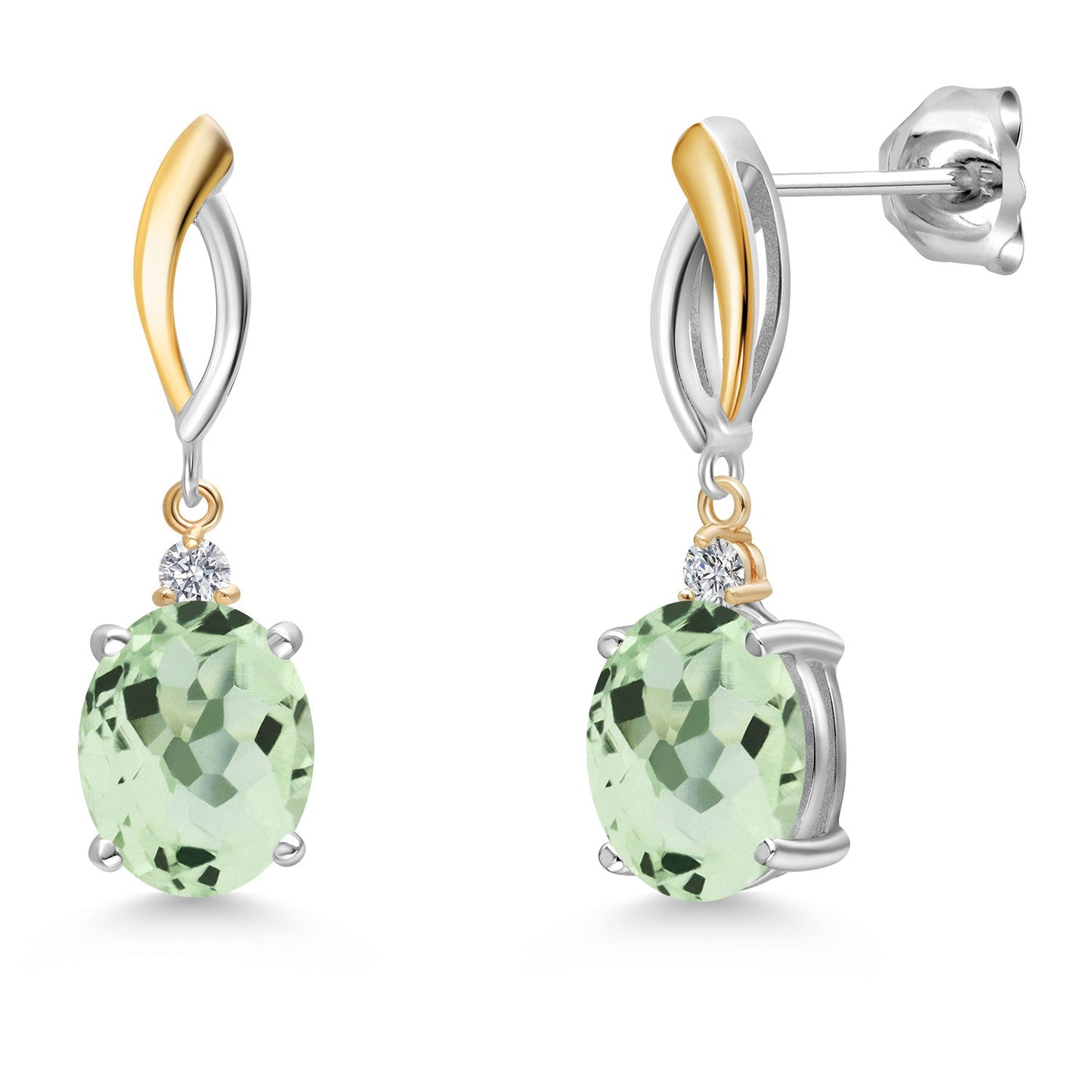 Dangle Earrings For Women In 925 Silver and 10K Yellow Gold with 10X8MM Oval Gemstone Birthstone and White Lab Grown Diamond